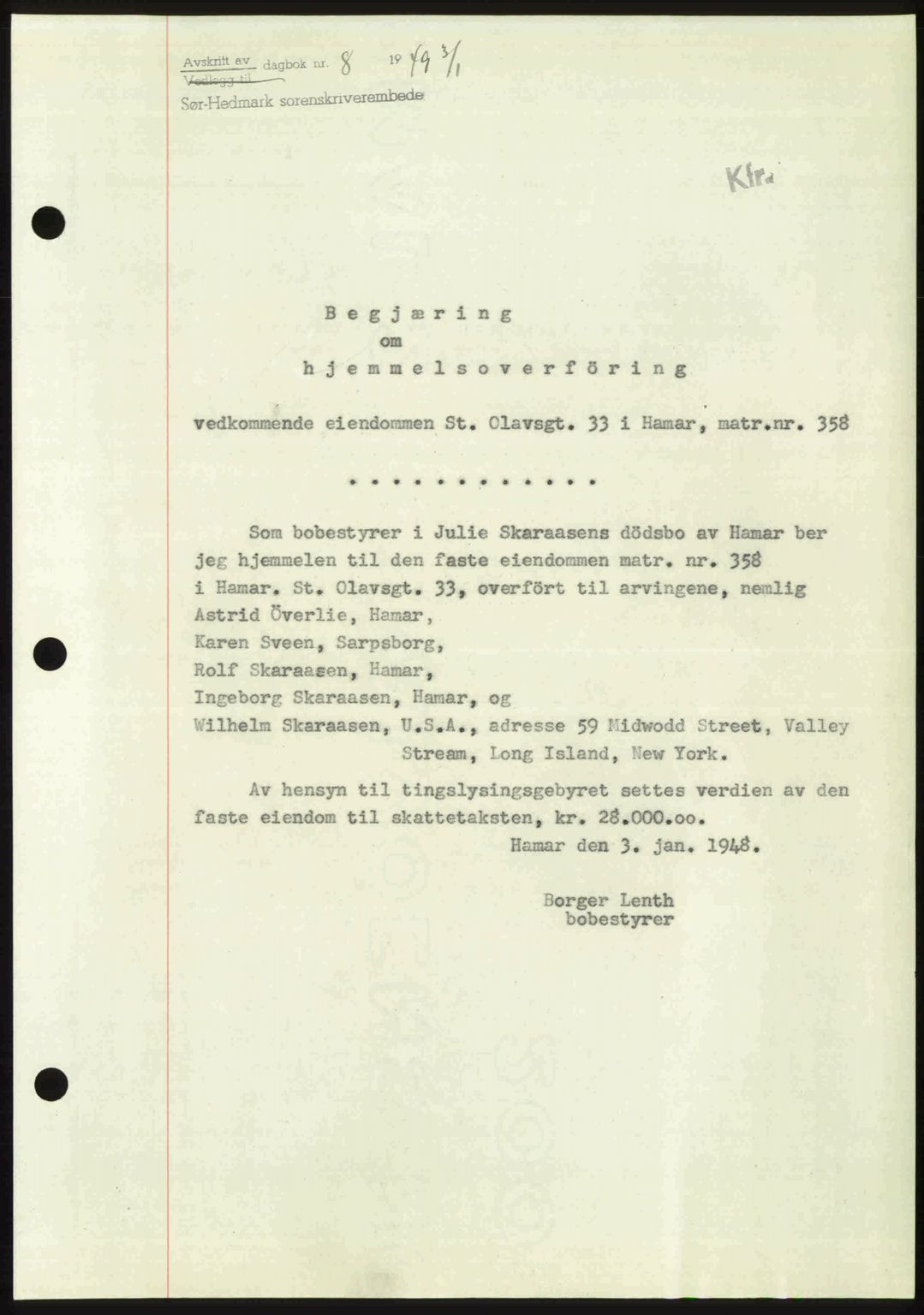 Sør-Hedmark sorenskriveri, SAH/TING-014/H/Hb/Hbd/L0018: Pantebok nr. 18, 1948-1949, Dagboknr: 8/1949