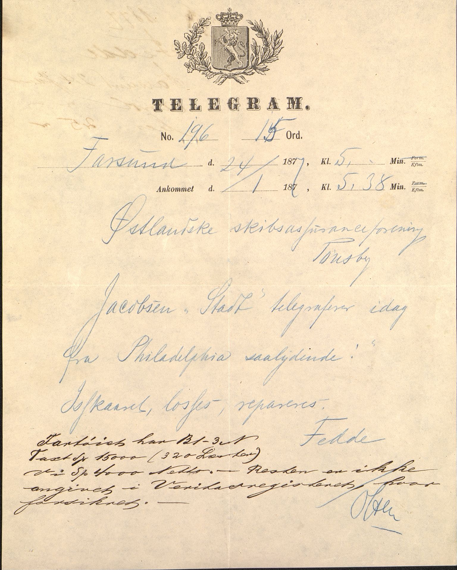 Pa 63 - Østlandske skibsassuranceforening, VEMU/A-1079/G/Ga/L0009/0001: Havaridokumenter / Stadt, 1877