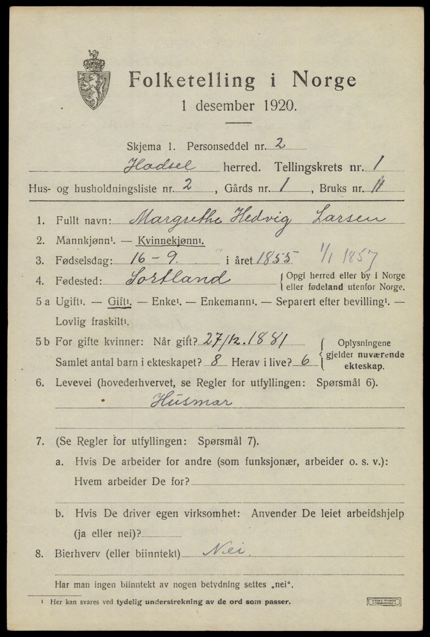 SAT, Folketelling 1920 for 1866 Hadsel herred, 1920, s. 3408