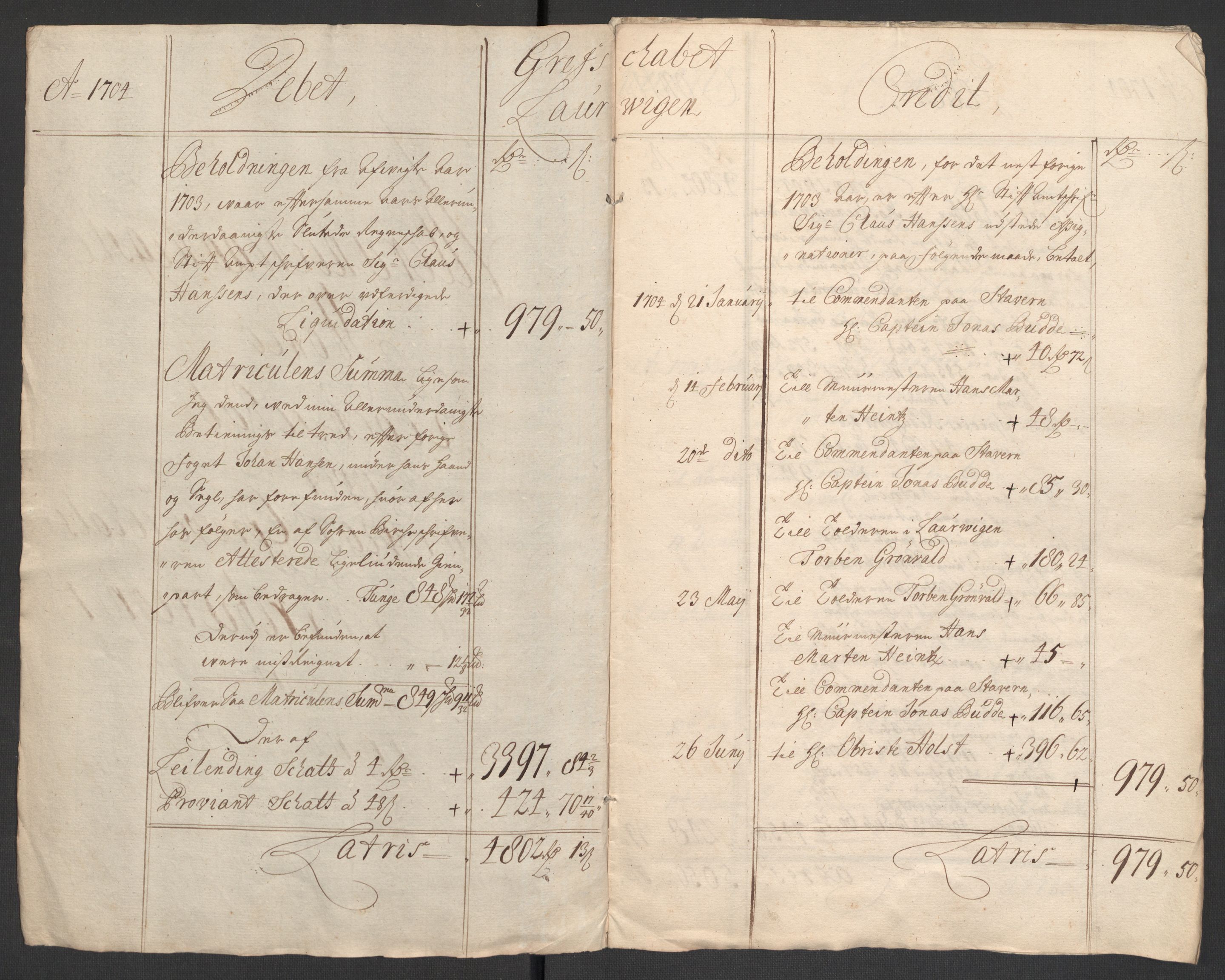 Rentekammeret inntil 1814, Reviderte regnskaper, Fogderegnskap, RA/EA-4092/R33/L1978: Fogderegnskap Larvik grevskap, 1704-1705, s. 4