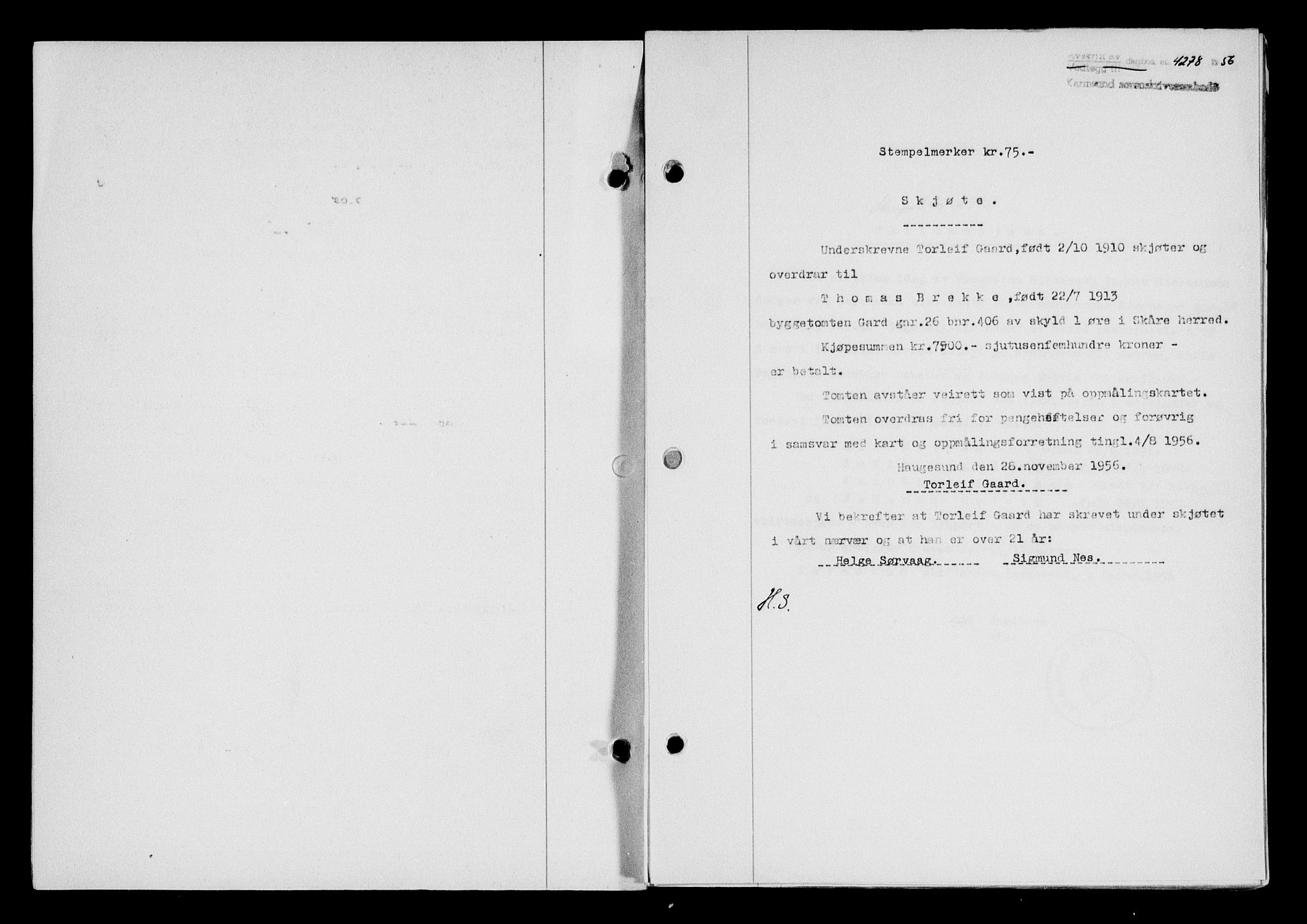 Karmsund sorenskriveri, SAST/A-100311/01/II/IIB/L0122: Pantebok nr. 102A, 1956-1956, Dagboknr: 4278/1956