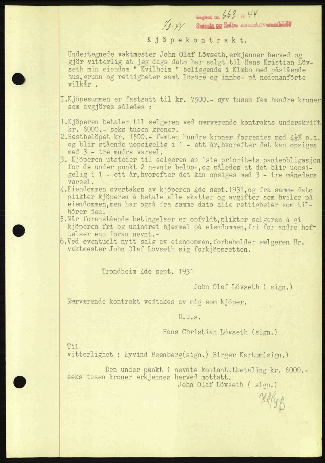 Strinda og Selbu sorenskriveri, SAT/A-0015/2/2C: Pantebok nr. A9, 1944-1945, Dagboknr: 663/1944