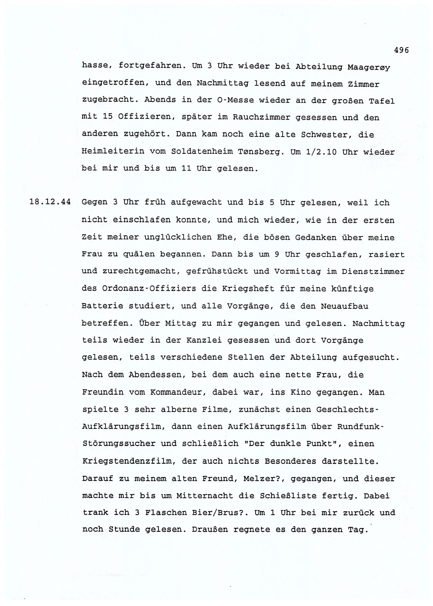 Dagbokopptegnelser av en tysk marineoffiser stasjonert i Norge , FMFB/A-1160/F/L0001: Dagbokopptegnelser av en tysk marineoffiser stasjonert i Norge, 1941-1944, s. 496