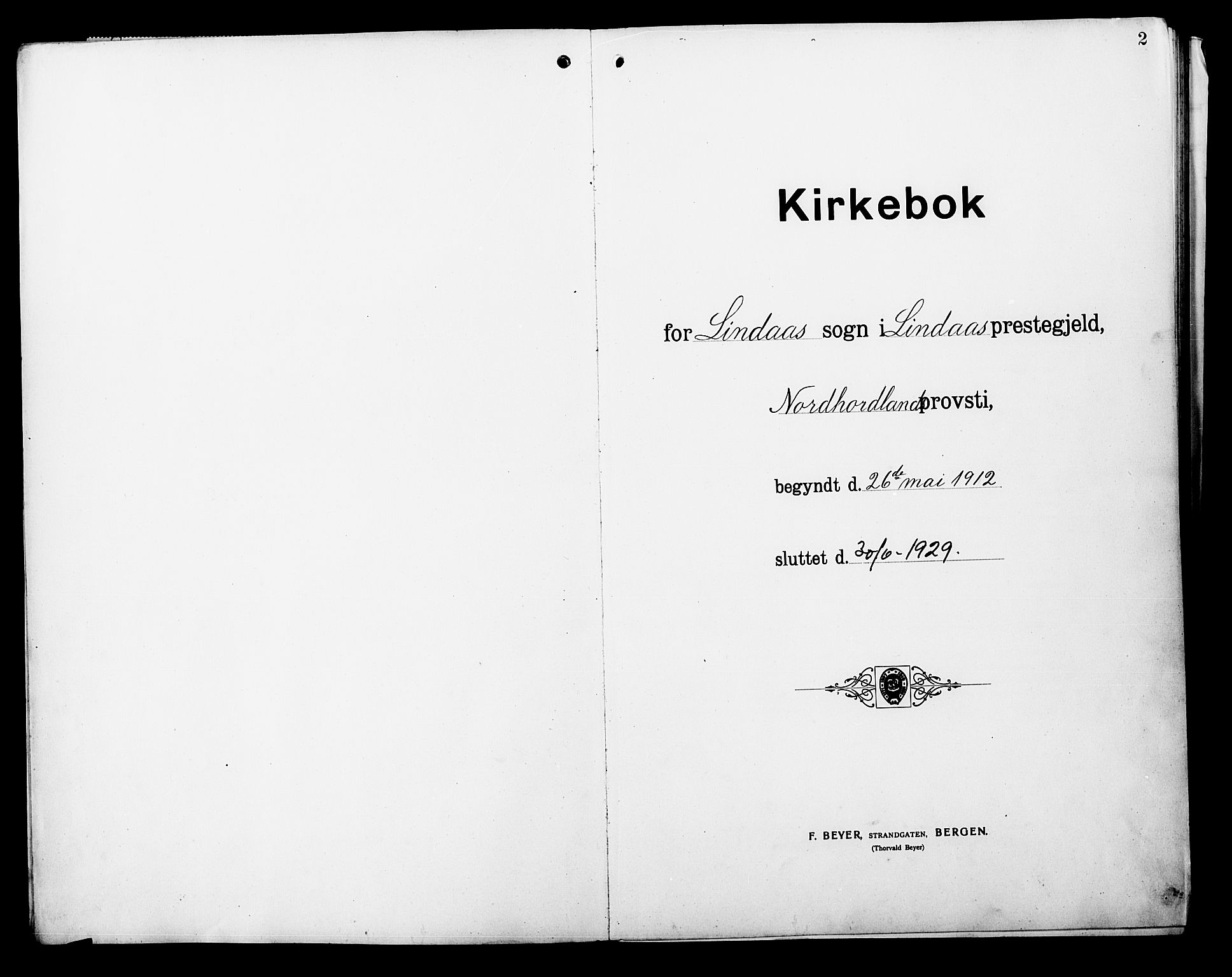 Lindås Sokneprestembete, SAB/A-76701/H/Hab: Klokkerbok nr. B 4, 1912-1929, s. 2