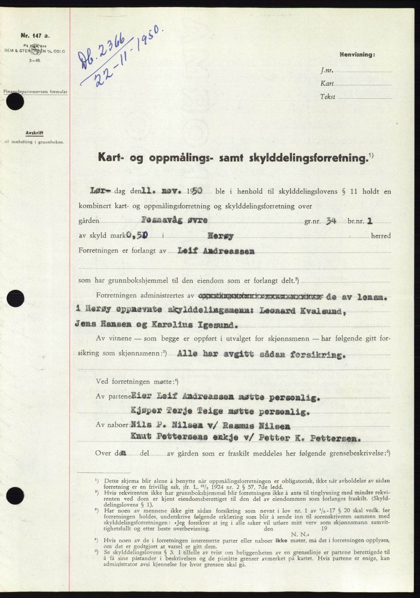 Søre Sunnmøre sorenskriveri, SAT/A-4122/1/2/2C/L0088: Pantebok nr. 14A, 1950-1951, Dagboknr: 2366/1950
