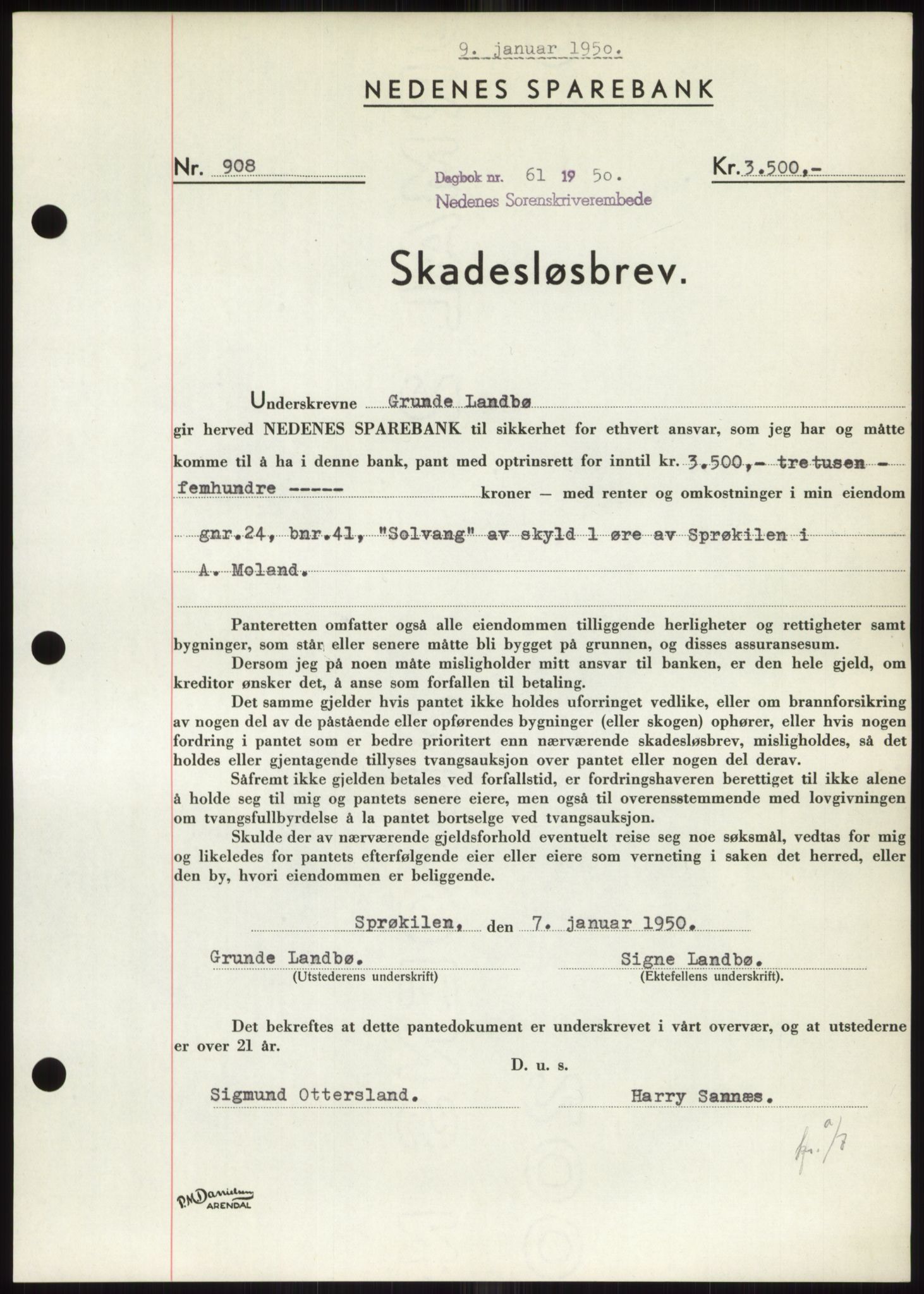 Nedenes sorenskriveri, SAK/1221-0006/G/Gb/Gbb/L0007: Pantebok nr. B7, 1949-1950, Dagboknr: 61/1950