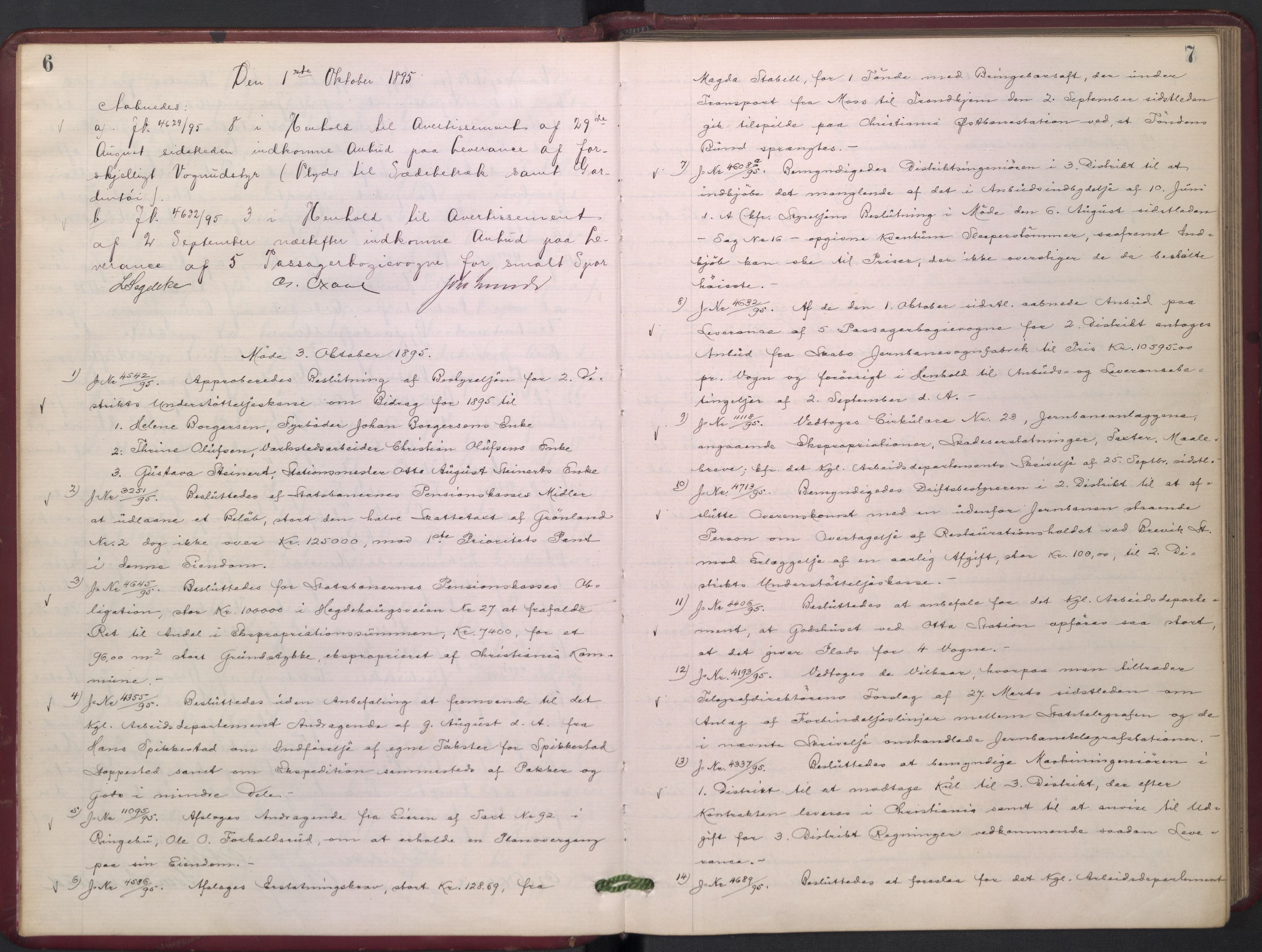 Norges statsbaner, Administrasjons- økonomi- og personalavdelingen, AV/RA-S-3412/A/Aa/L0003: Forhandlingsprotokoll, 1895-1897, s. 6-7