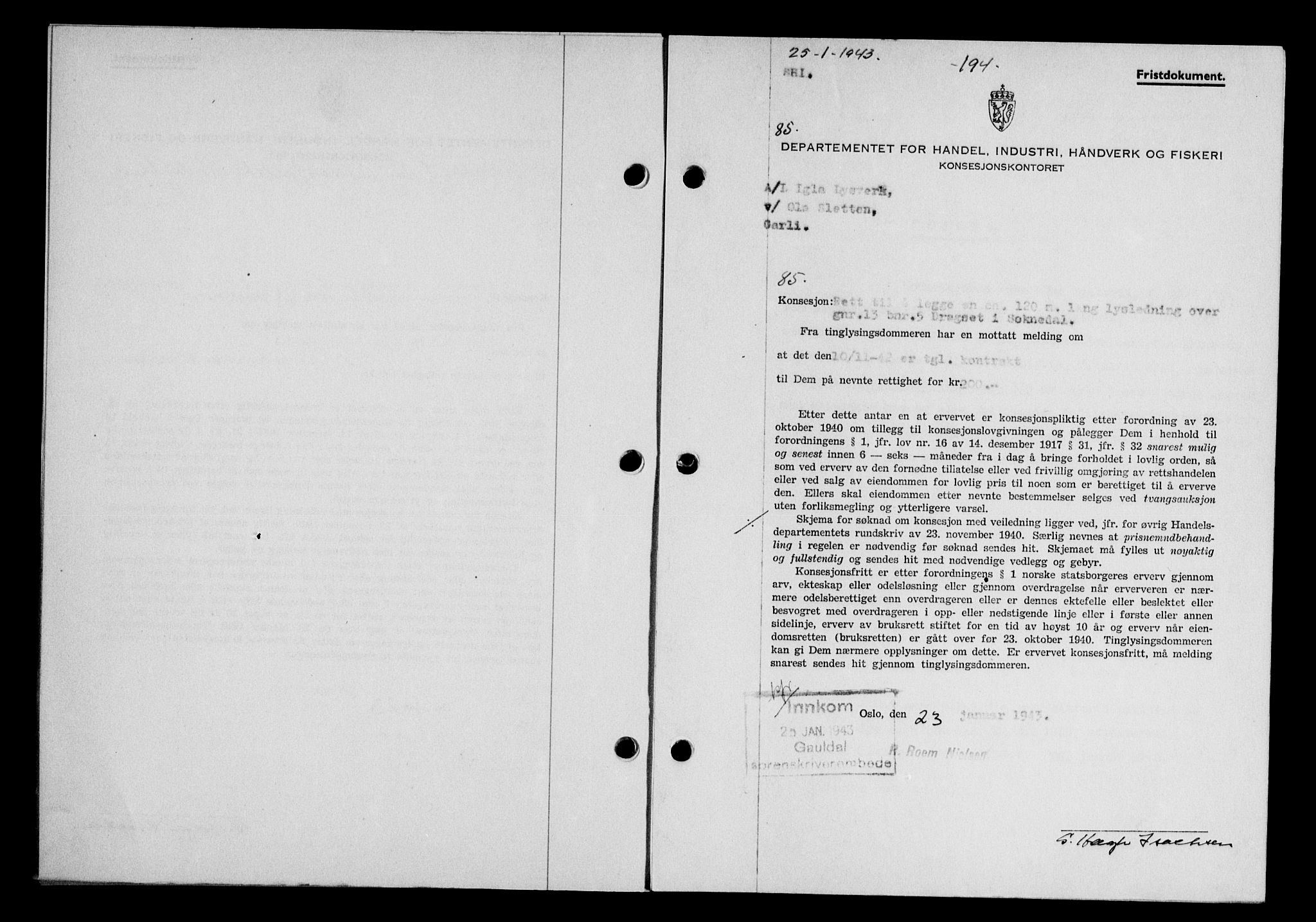 Gauldal sorenskriveri, SAT/A-0014/1/2/2C/L0056: Pantebok nr. 61, 1942-1943, Dagboknr: 85/1943