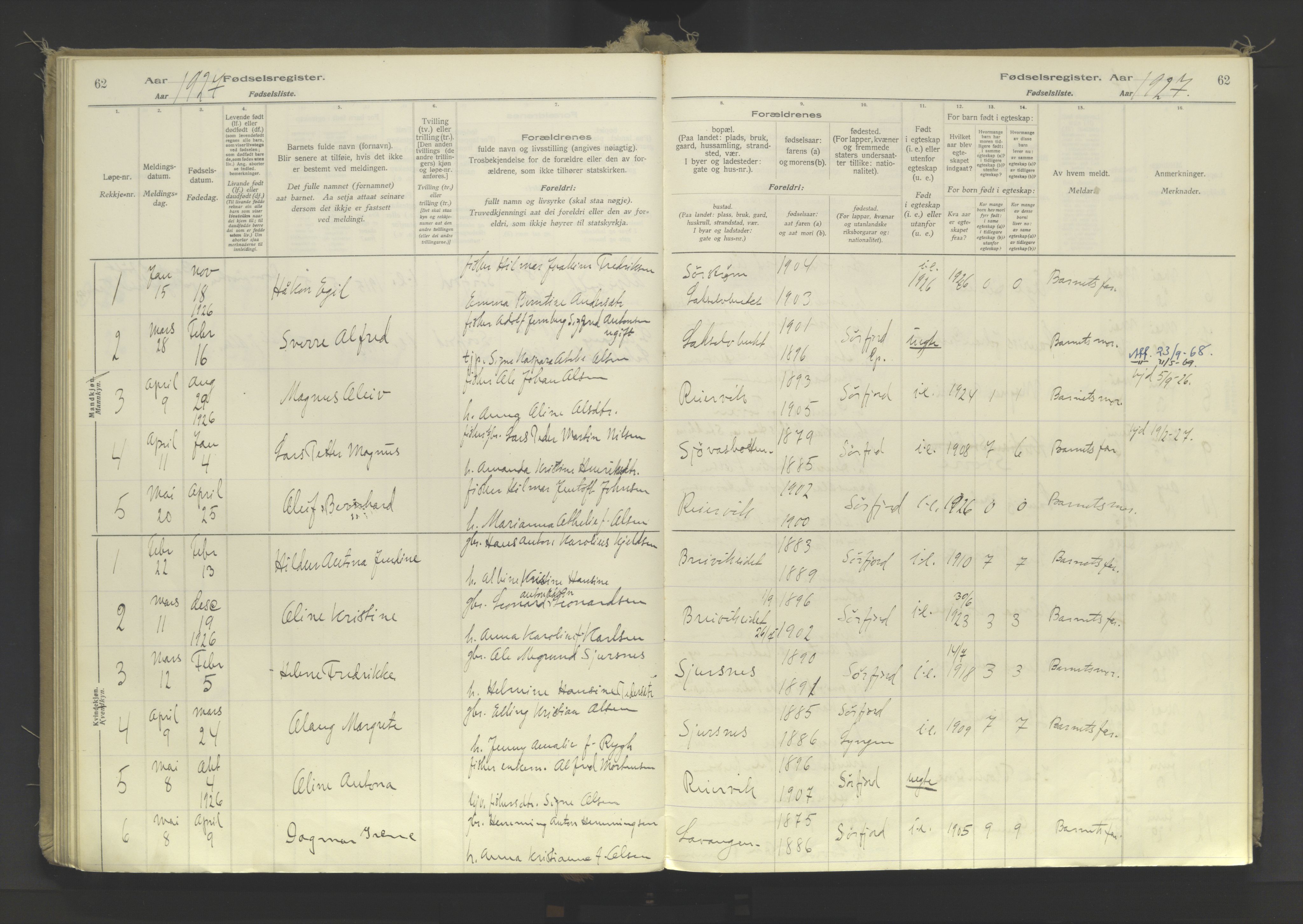 Lyngen sokneprestembete, AV/SATØ-S-1289/I/Ia/L0078: Fødselsregister nr. 78, 1916-1950, s. 62