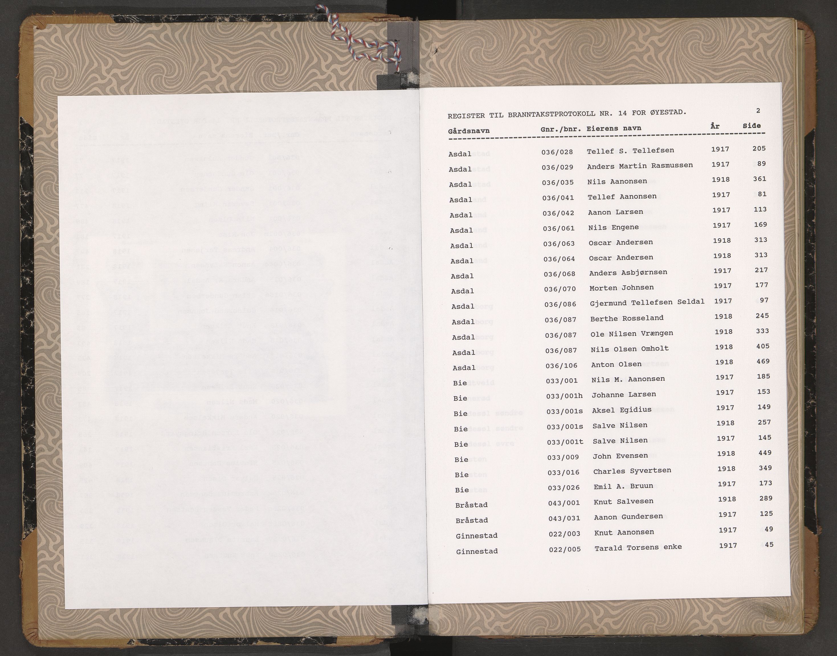Norges Brannkasse Øyestad, AV/SAK-2241-0059/F/Fa/L0014: Branntakstprotokoll nr. 14 med gårdsnavnregister, 1917-1918