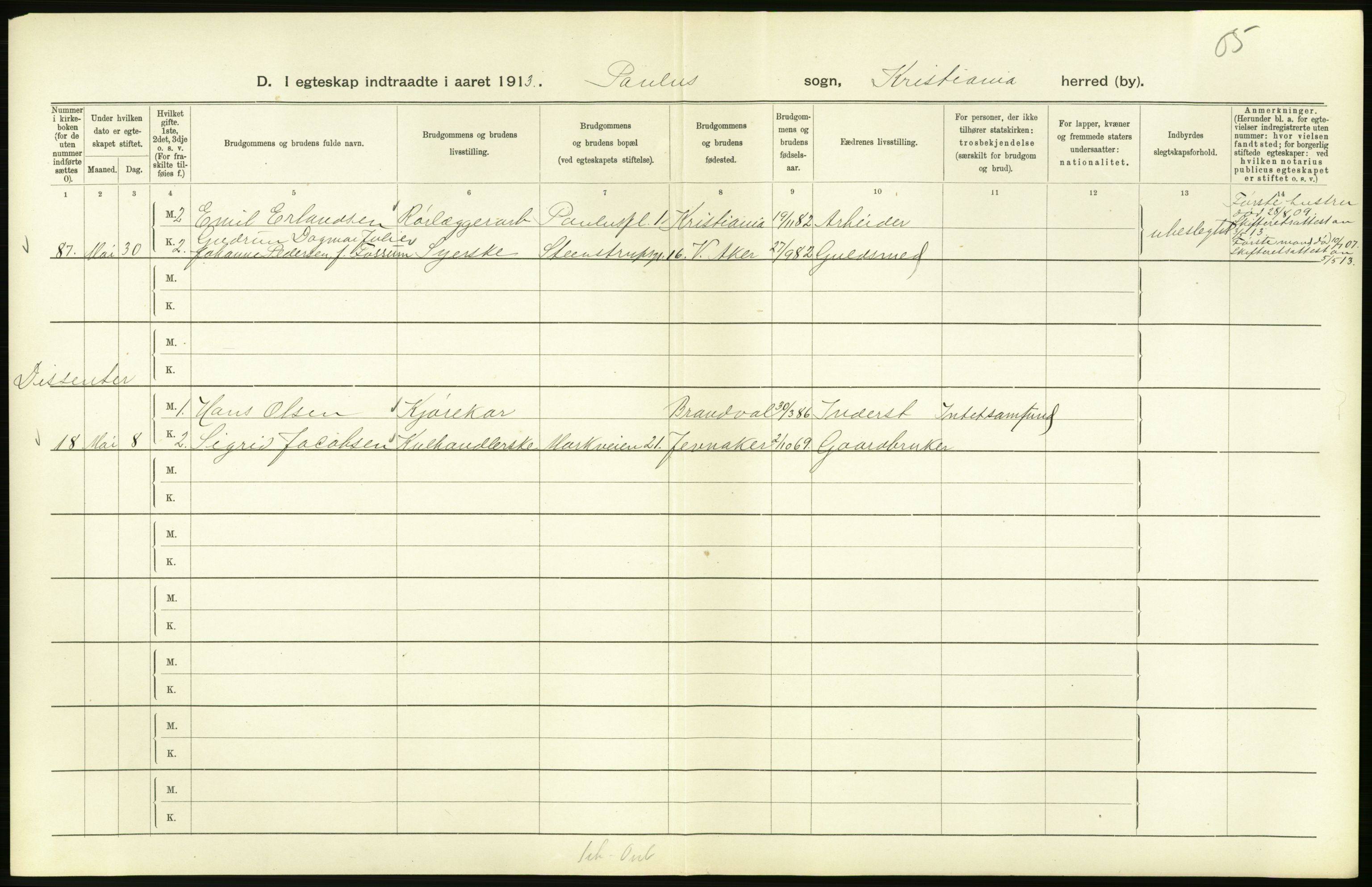 Statistisk sentralbyrå, Sosiodemografiske emner, Befolkning, AV/RA-S-2228/D/Df/Dfb/Dfbc/L0008: Kristiania: Gifte., 1913, s. 322