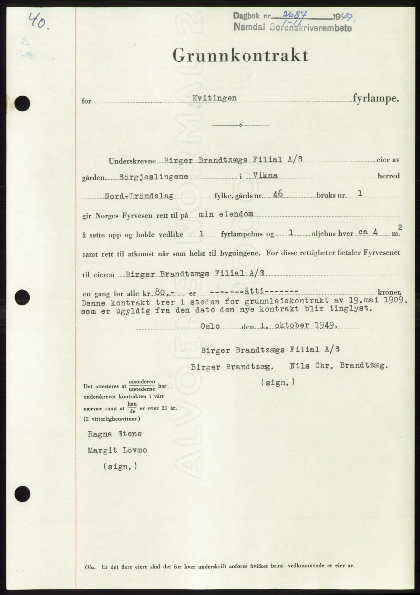 Namdal sorenskriveri, SAT/A-4133/1/2/2C: Pantebok nr. -, 1949-1949, Dagboknr: 2687/1949