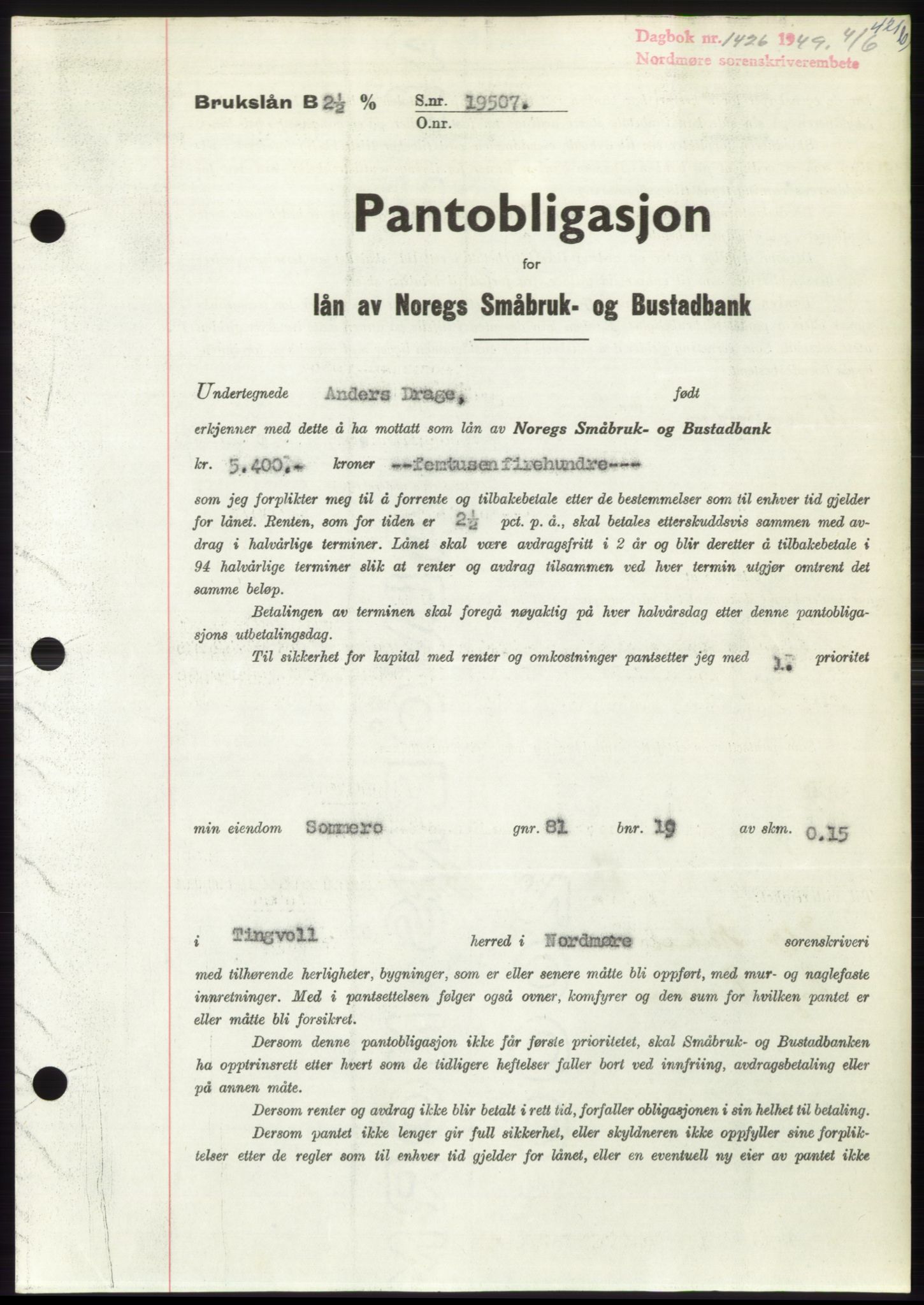 Nordmøre sorenskriveri, SAT/A-4132/1/2/2Ca: Pantebok nr. B101, 1949-1949, Dagboknr: 1426/1949
