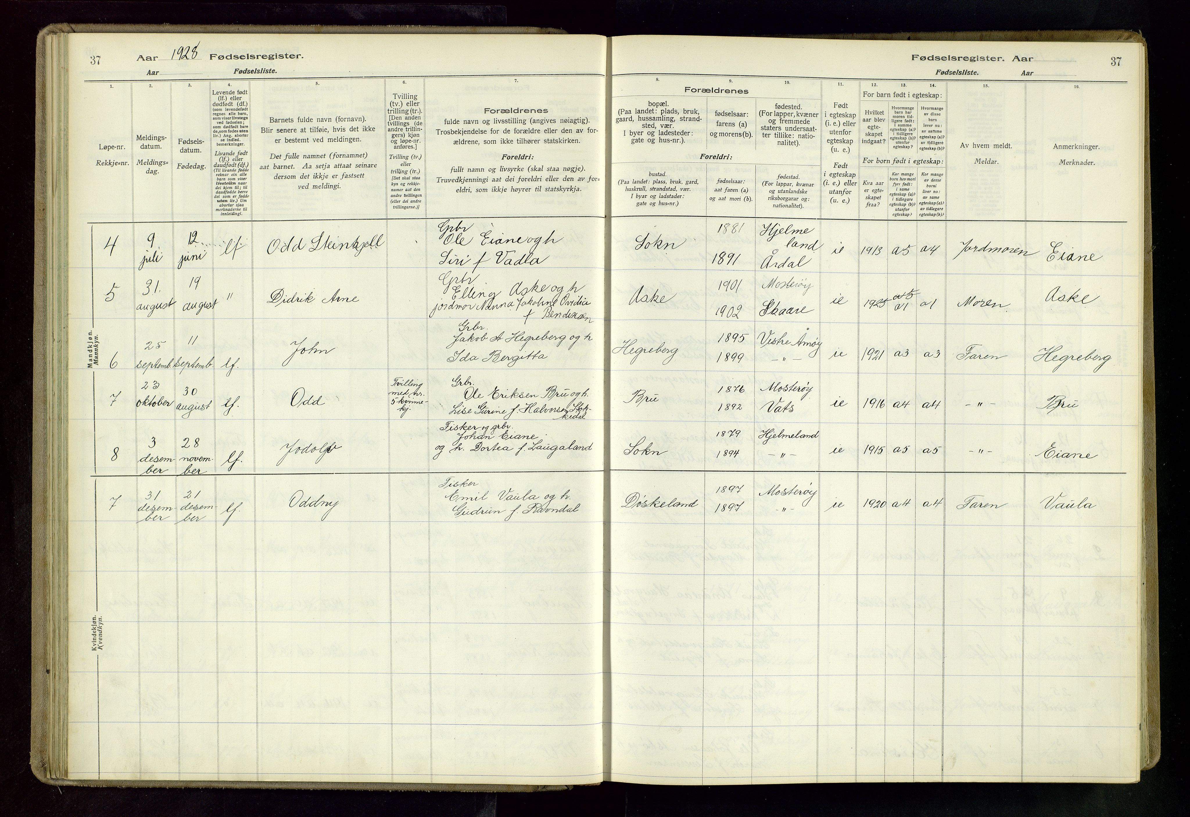 Rennesøy sokneprestkontor, AV/SAST-A -101827/I/Id/L0002: Fødselsregister nr. 2, 1916-1982, s. 37