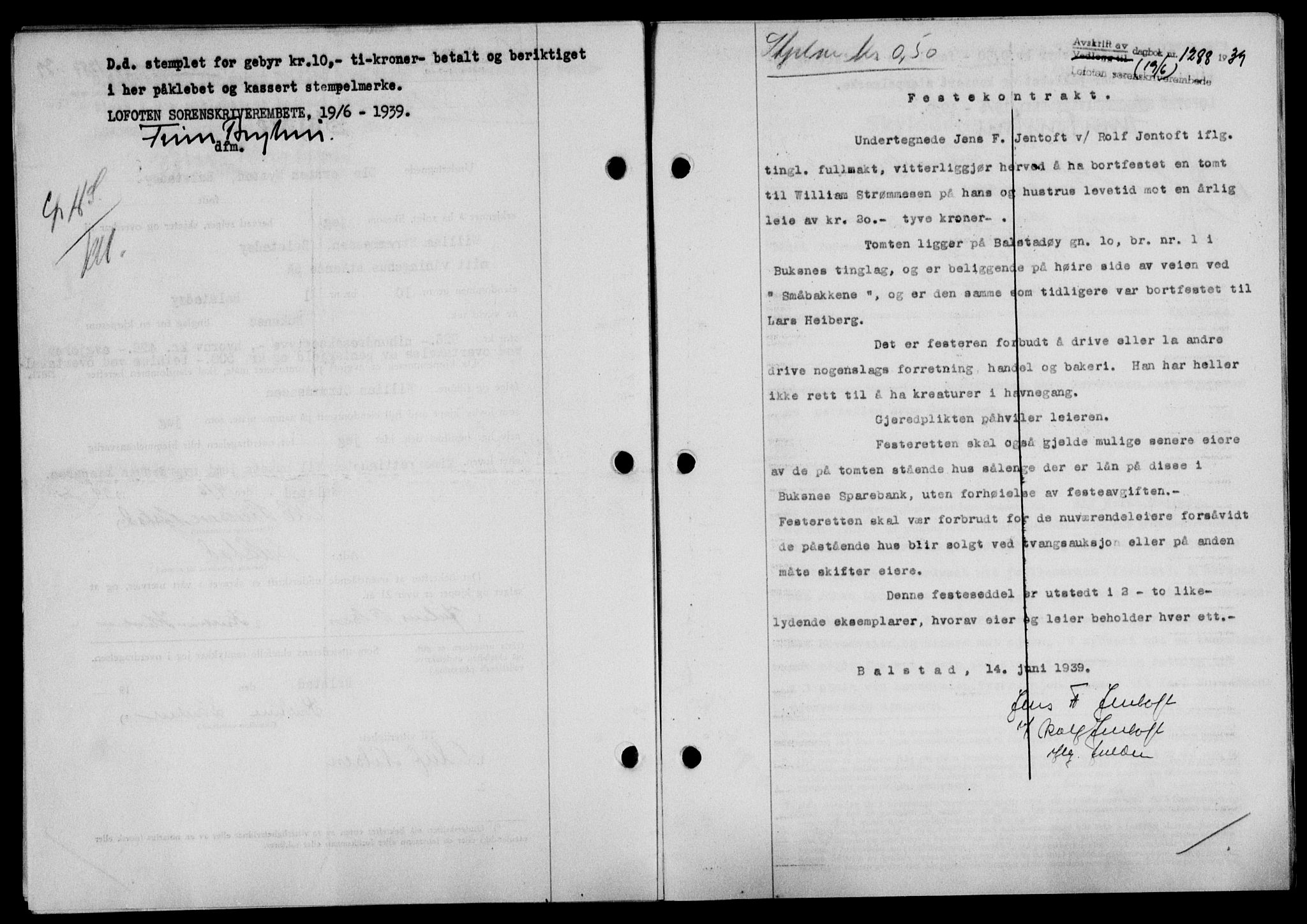 Lofoten sorenskriveri, SAT/A-0017/1/2/2C/L0005a: Pantebok nr. 5a, 1939-1939, Dagboknr: 1288/1939