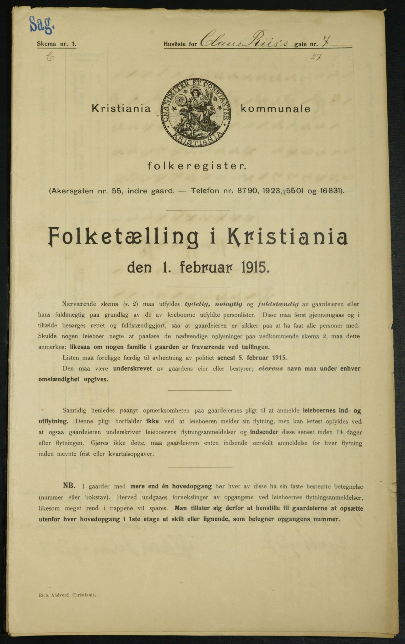 OBA, Kommunal folketelling 1.2.1915 for Kristiania, 1915, s. 12733