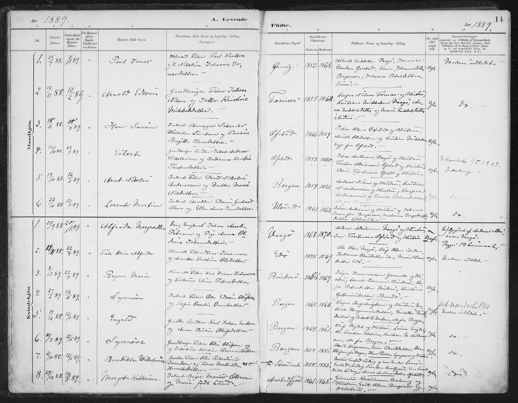 Ministerialprotokoller, klokkerbøker og fødselsregistre - Nord-Trøndelag, AV/SAT-A-1458/786/L0687: Ministerialbok nr. 786A03, 1888-1898, s. 14