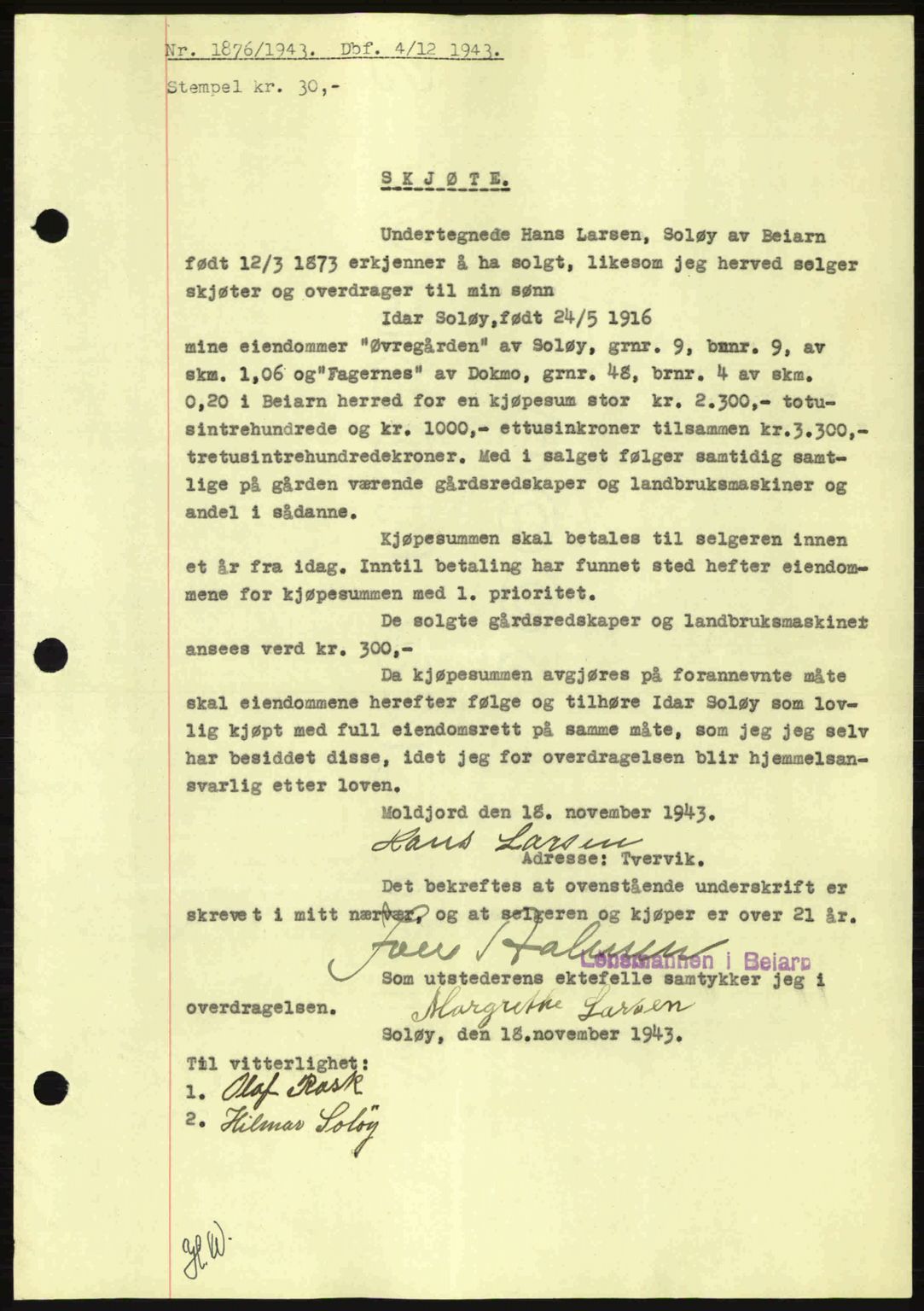 Salten sorenskriveri, SAT/A-4578/1/2/2C: Pantebok nr. A14-15, 1943-1945, Dagboknr: 1876/1943