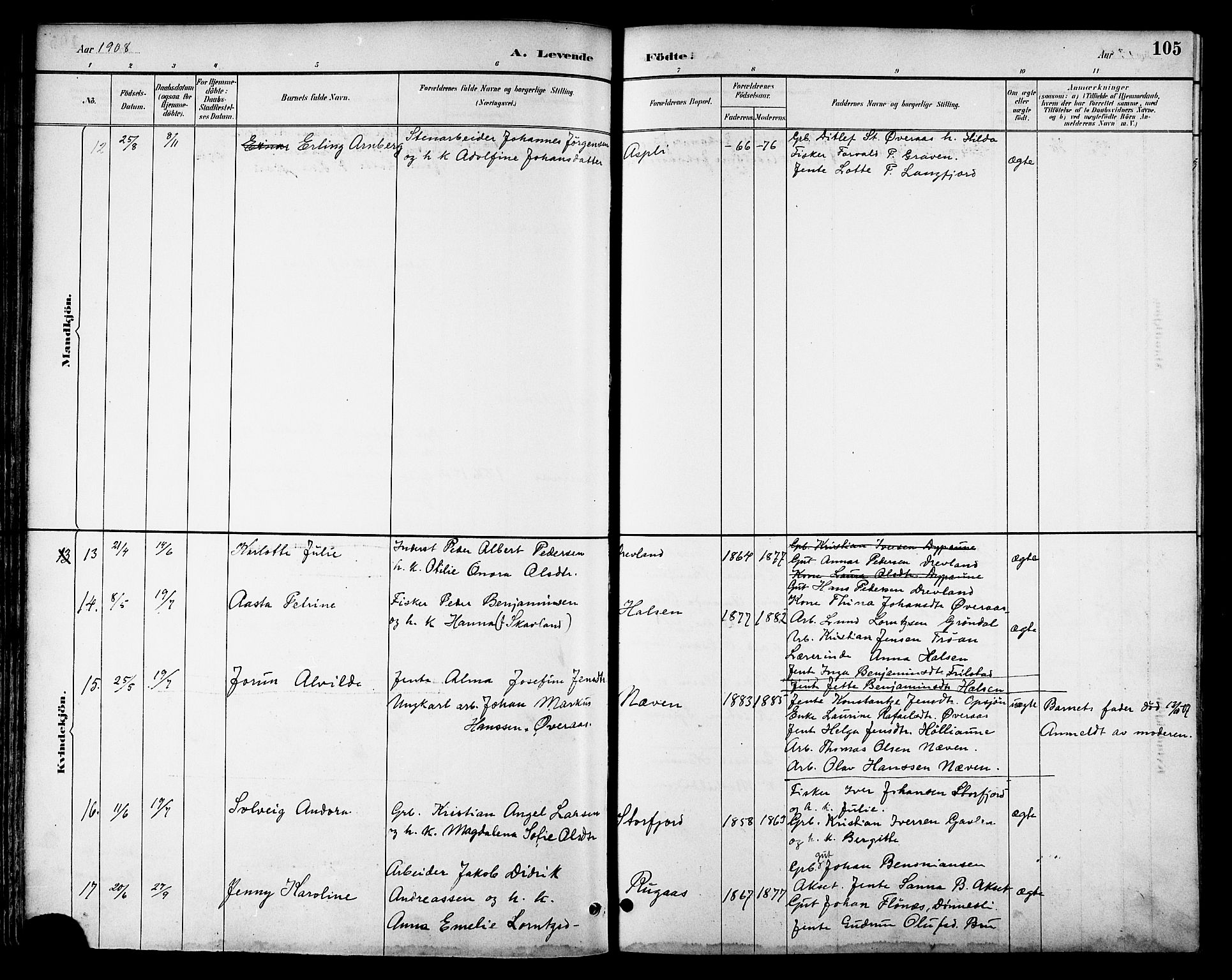 Ministerialprotokoller, klokkerbøker og fødselsregistre - Nordland, AV/SAT-A-1459/814/L0230: Klokkerbok nr. 814C03, 1884-1911, s. 105