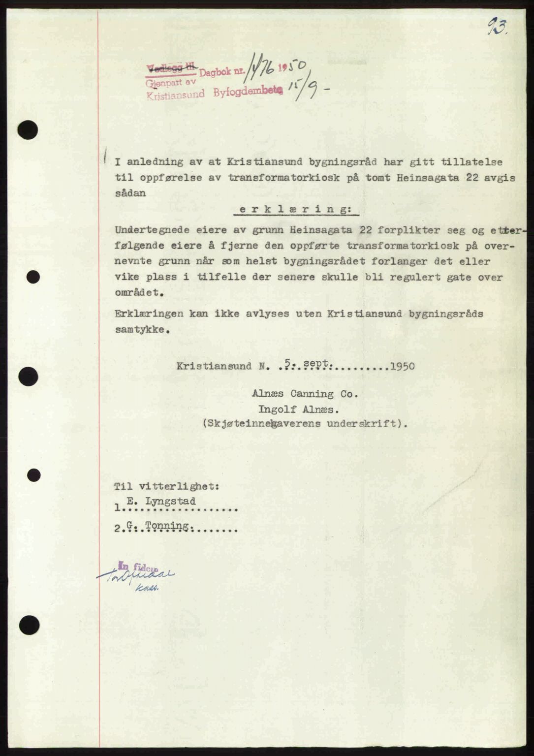 Kristiansund byfogd, AV/SAT-A-4587/A/27: Pantebok nr. 50, 1950-1950, Dagboknr: 1476/1950