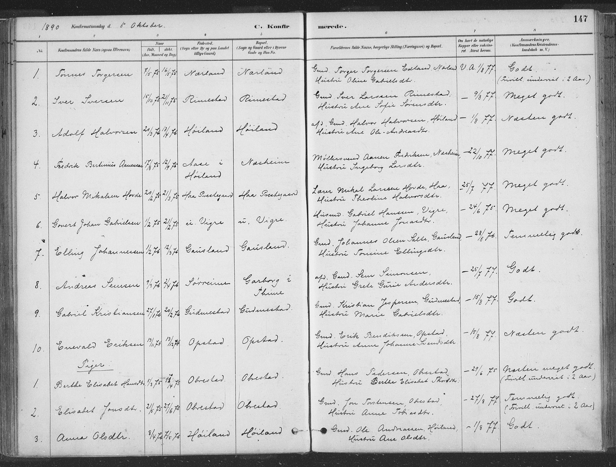 Hå sokneprestkontor, AV/SAST-A-101801/001/30BA/L0010: Ministerialbok nr. A 9, 1879-1896, s. 147