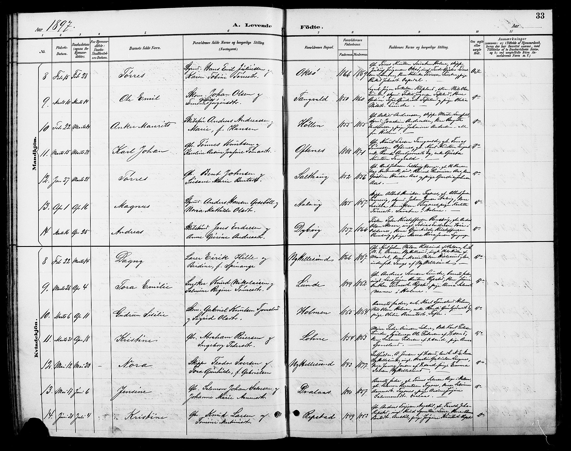 Søgne sokneprestkontor, AV/SAK-1111-0037/F/Fb/Fbb/L0006: Klokkerbok nr. B 6, 1892-1911, s. 33