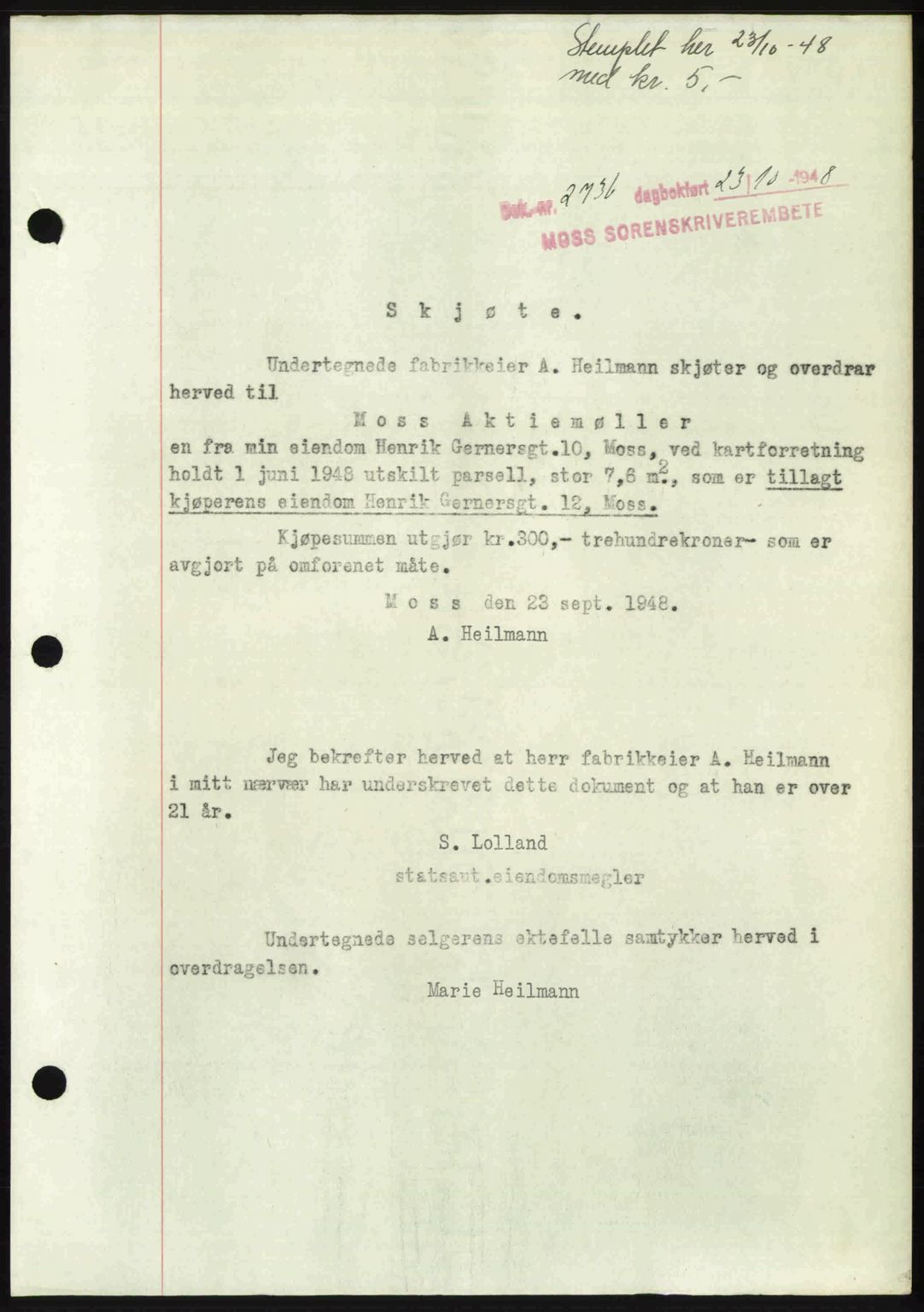 Moss sorenskriveri, SAO/A-10168: Pantebok nr. A20, 1948-1948, Dagboknr: 2736/1948