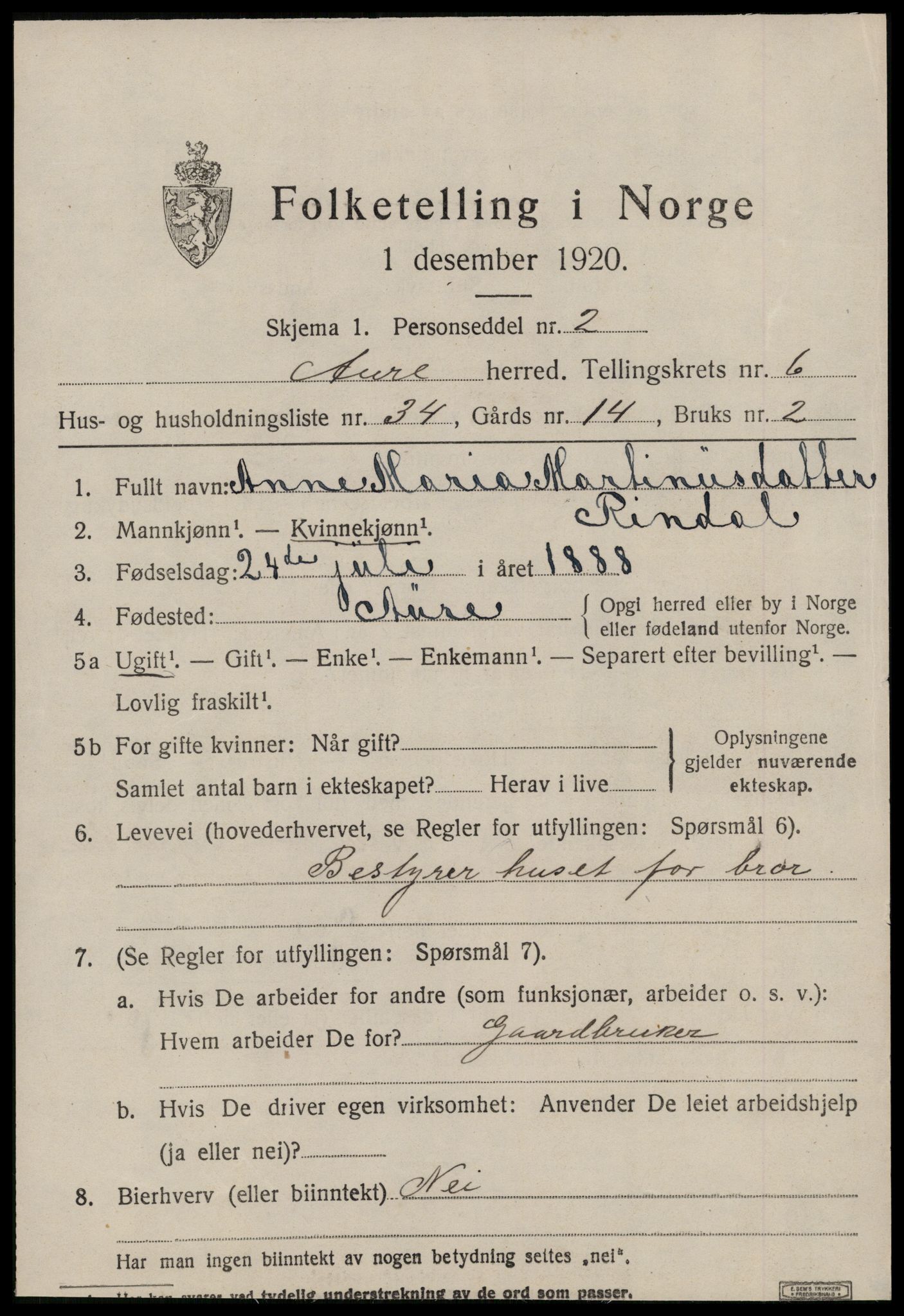 SAT, Folketelling 1920 for 1569 Aure herred, 1920, s. 2802