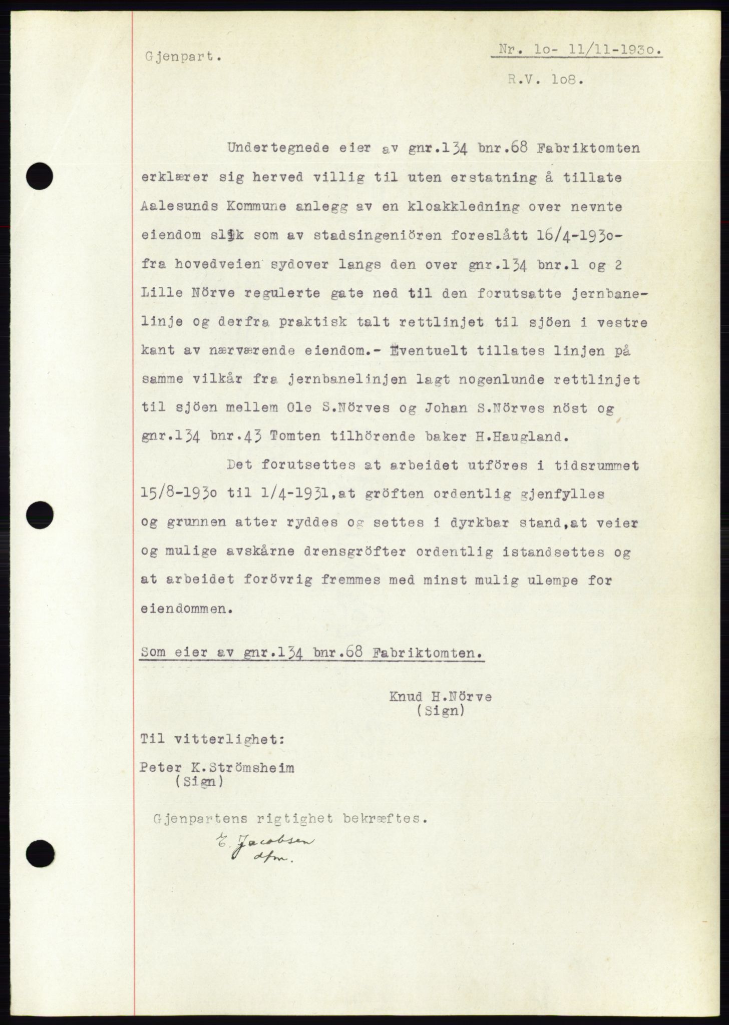 Ålesund byfogd, AV/SAT-A-4384: Pantebok nr. 26, 1930-1930, Tingl.dato: 11.11.1930