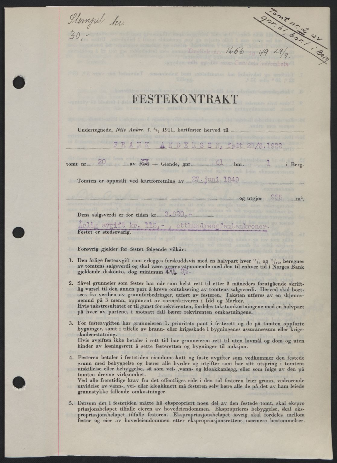 Idd og Marker sorenskriveri, SAO/A-10283/G/Gb/Gbb/L0012: Pantebok nr. A12, 1949-1949, Dagboknr: 1656/1949
