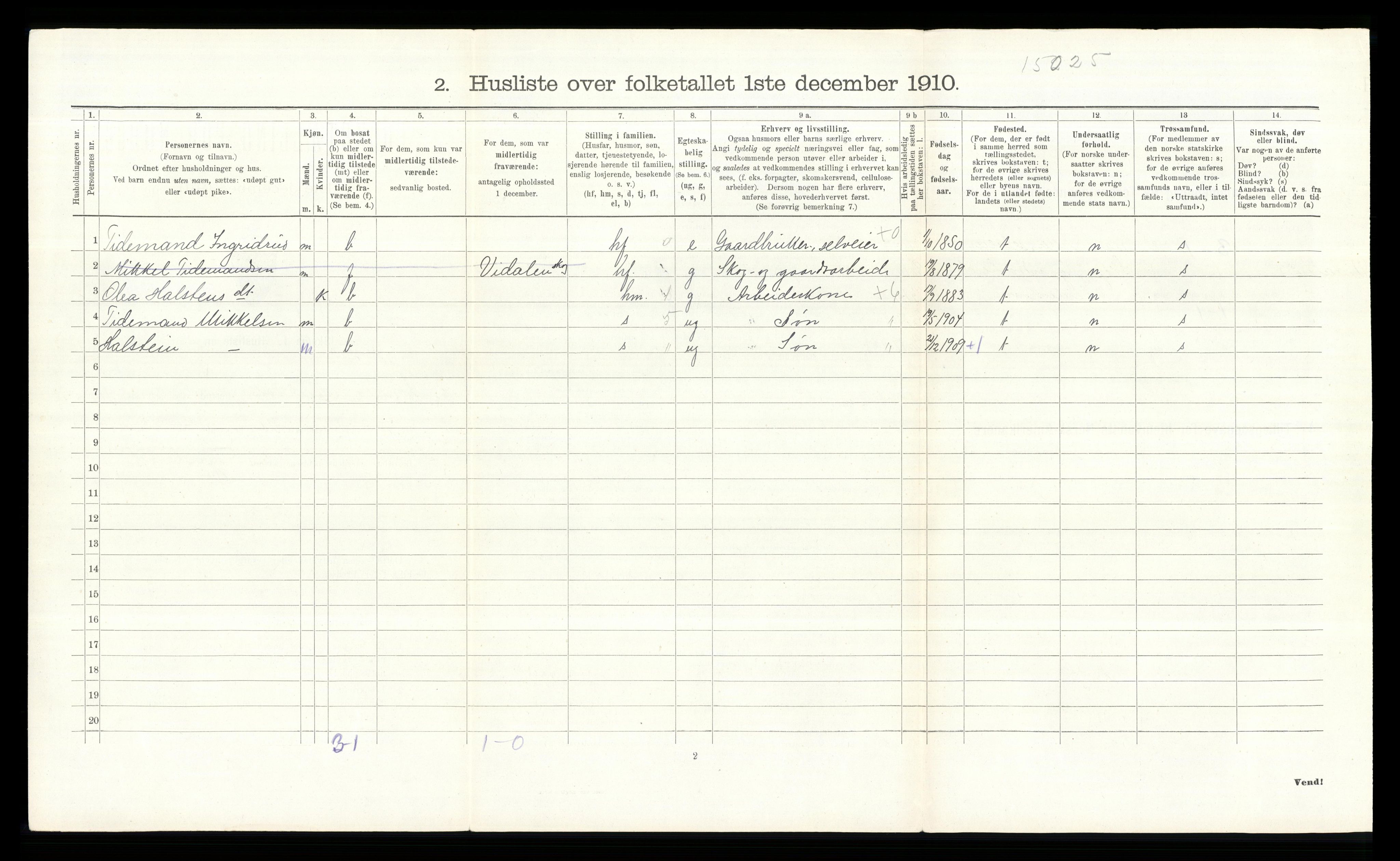 RA, Folketelling 1910 for 0540 Sør-Aurdal herred, 1910, s. 1082