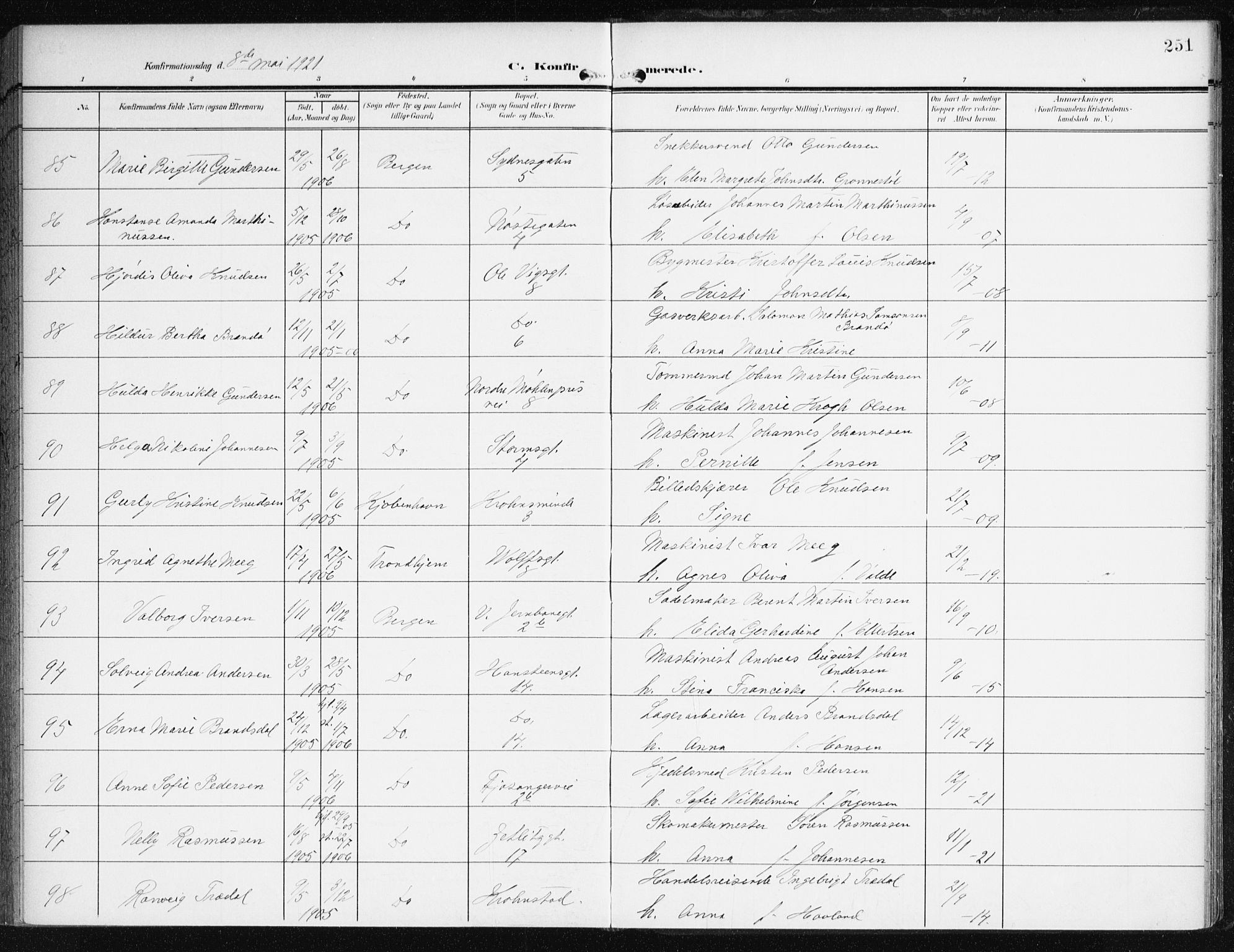 Johanneskirken sokneprestembete, AV/SAB-A-76001/H/Haa/L0009: Ministerialbok nr. C 2, 1907-1924, s. 251