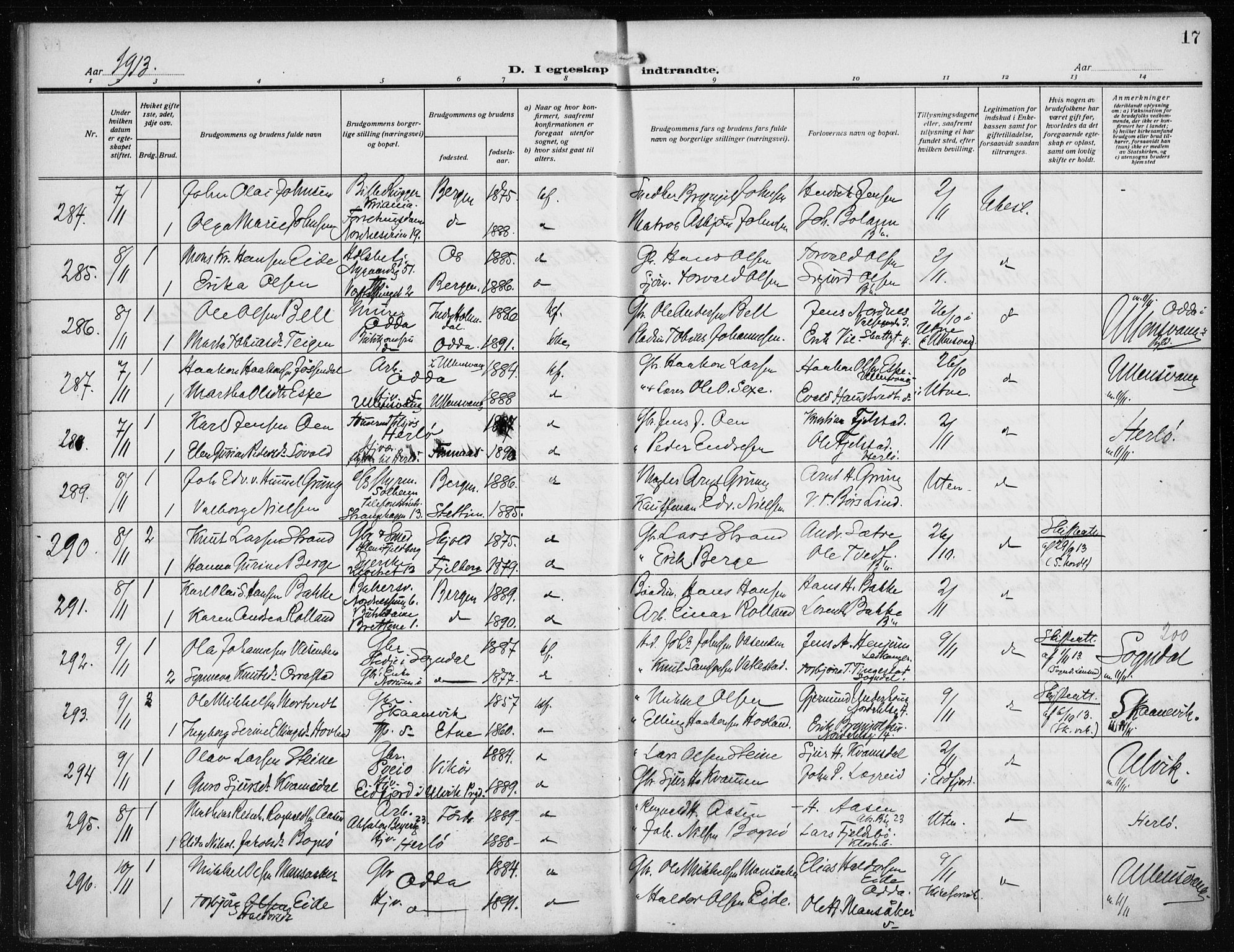 Nykirken Sokneprestembete, AV/SAB-A-77101/H/Haa/L0036: Ministerialbok nr. D 6, 1913-1918, s. 17