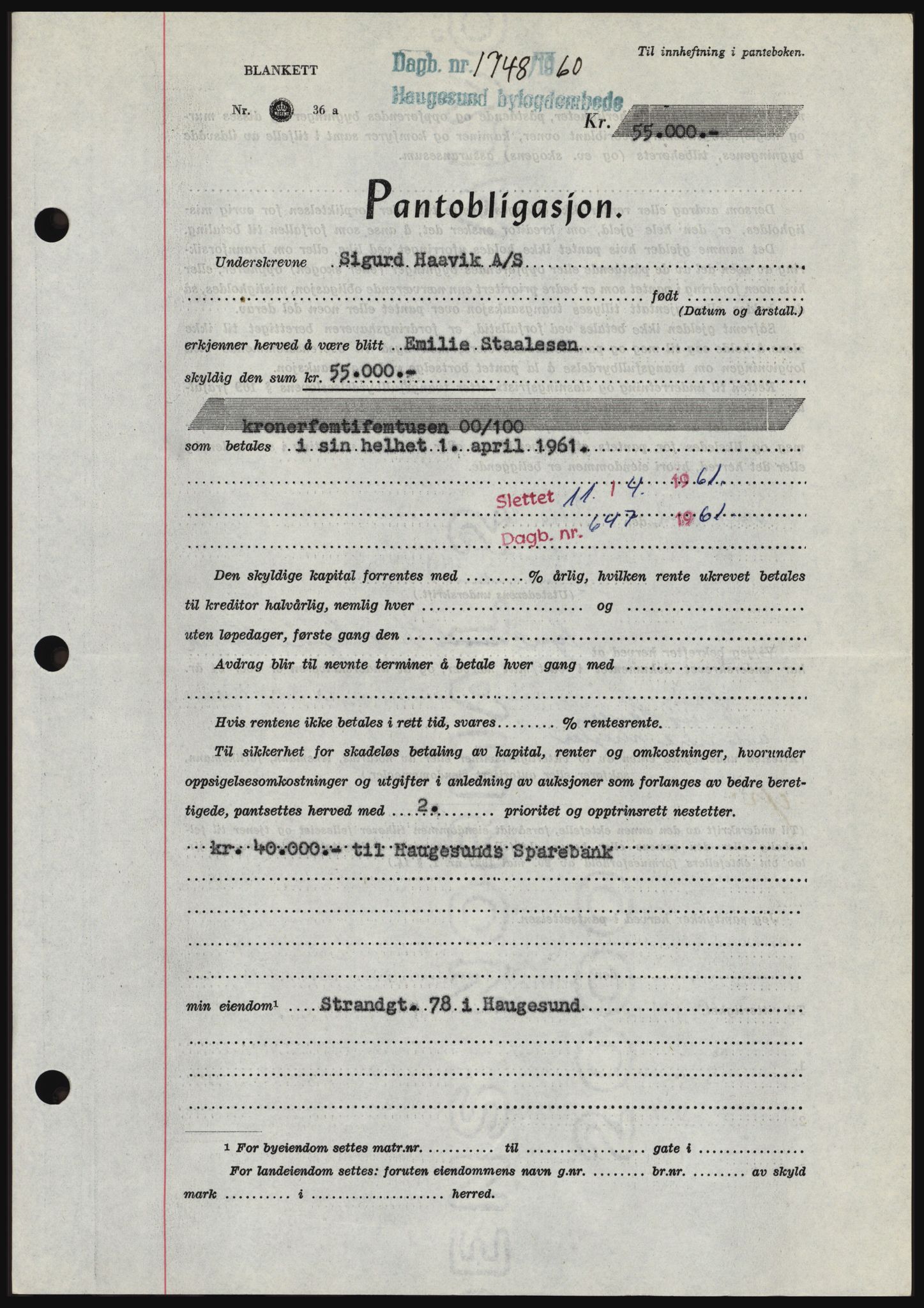 Haugesund tingrett, SAST/A-101415/01/II/IIC/L0046: Pantebok nr. B 46, 1960-1960, Dagboknr: 1748/1960