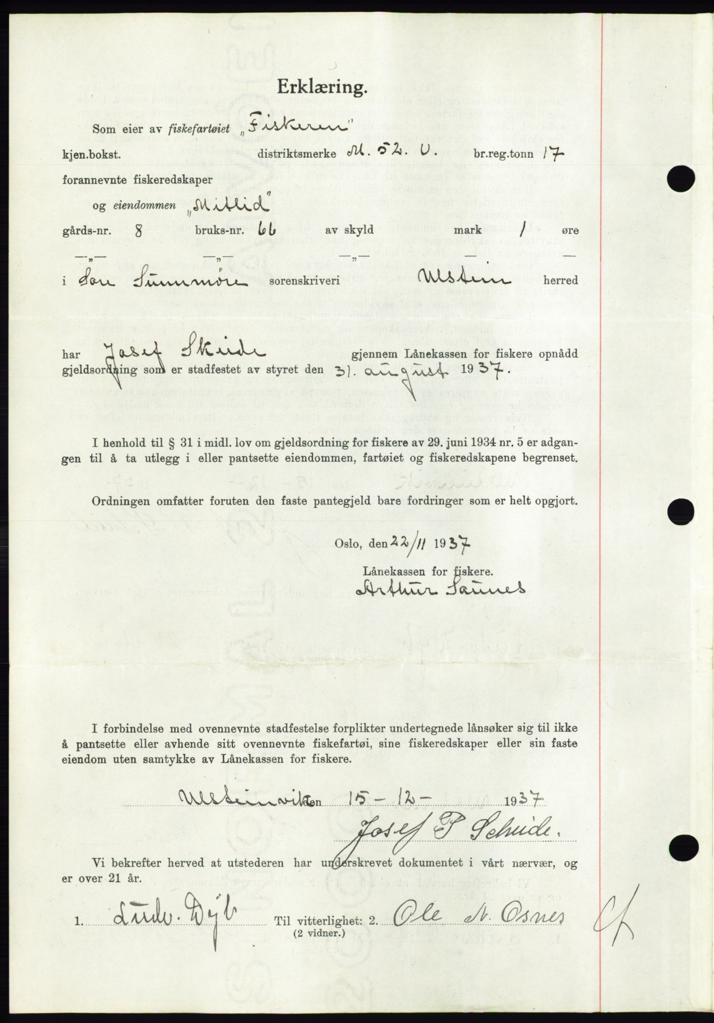 Søre Sunnmøre sorenskriveri, AV/SAT-A-4122/1/2/2C/L0064: Pantebok nr. 58, 1937-1938, Dagboknr: 1948/1937