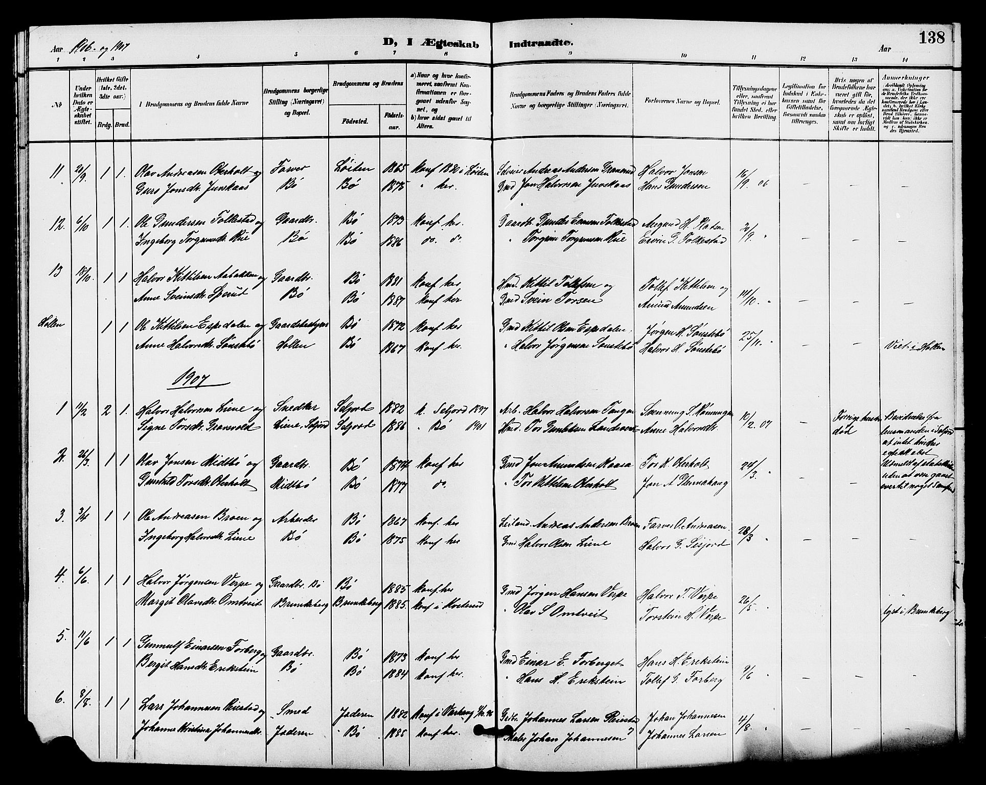 Bø kirkebøker, AV/SAKO-A-257/G/Ga/L0006: Klokkerbok nr. 6, 1898-1909, s. 138
