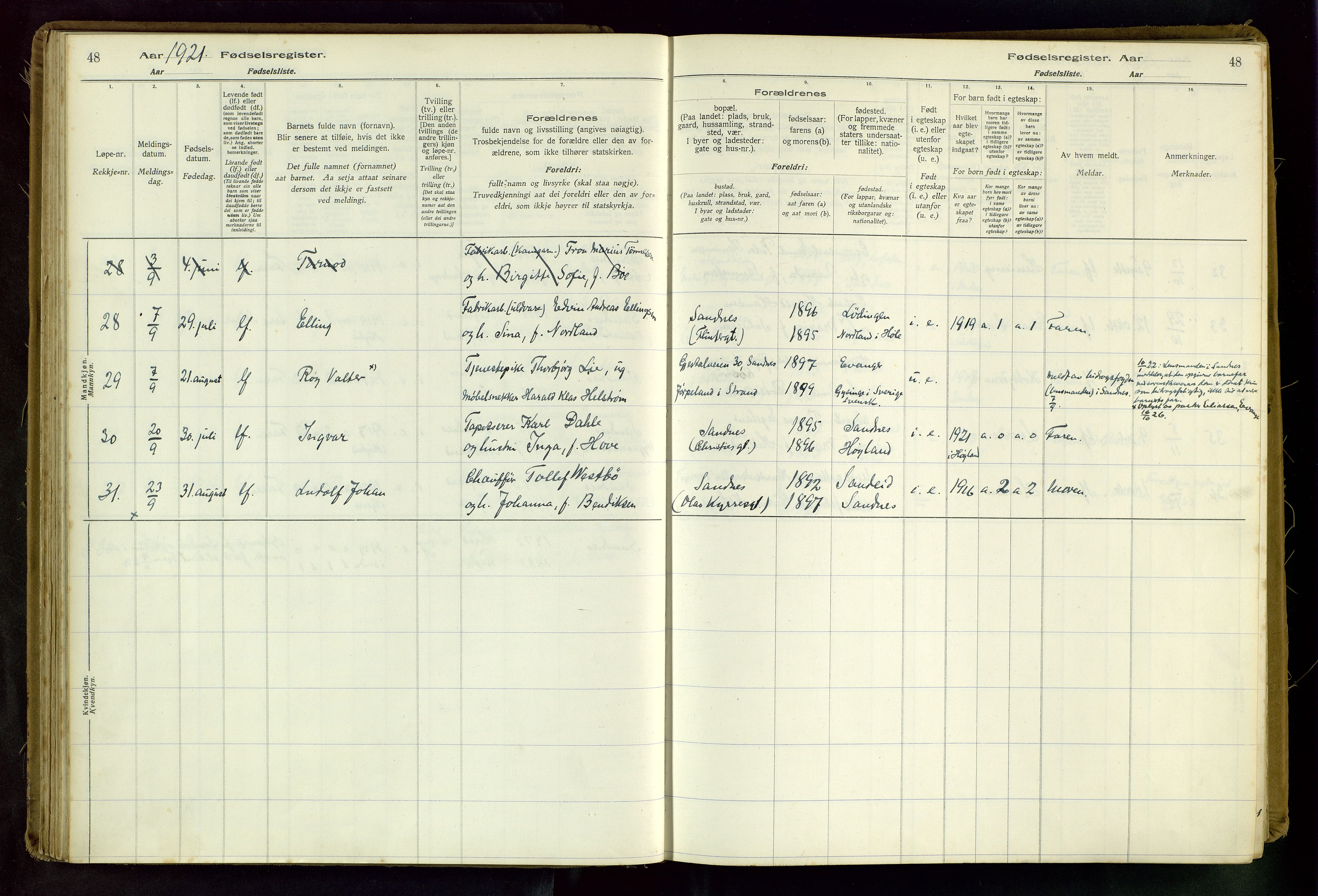 Sandnes sokneprestkontor, AV/SAST-A-101800/704BA/L0001: Fødselsregister nr. 1, 1916-1942, s. 48