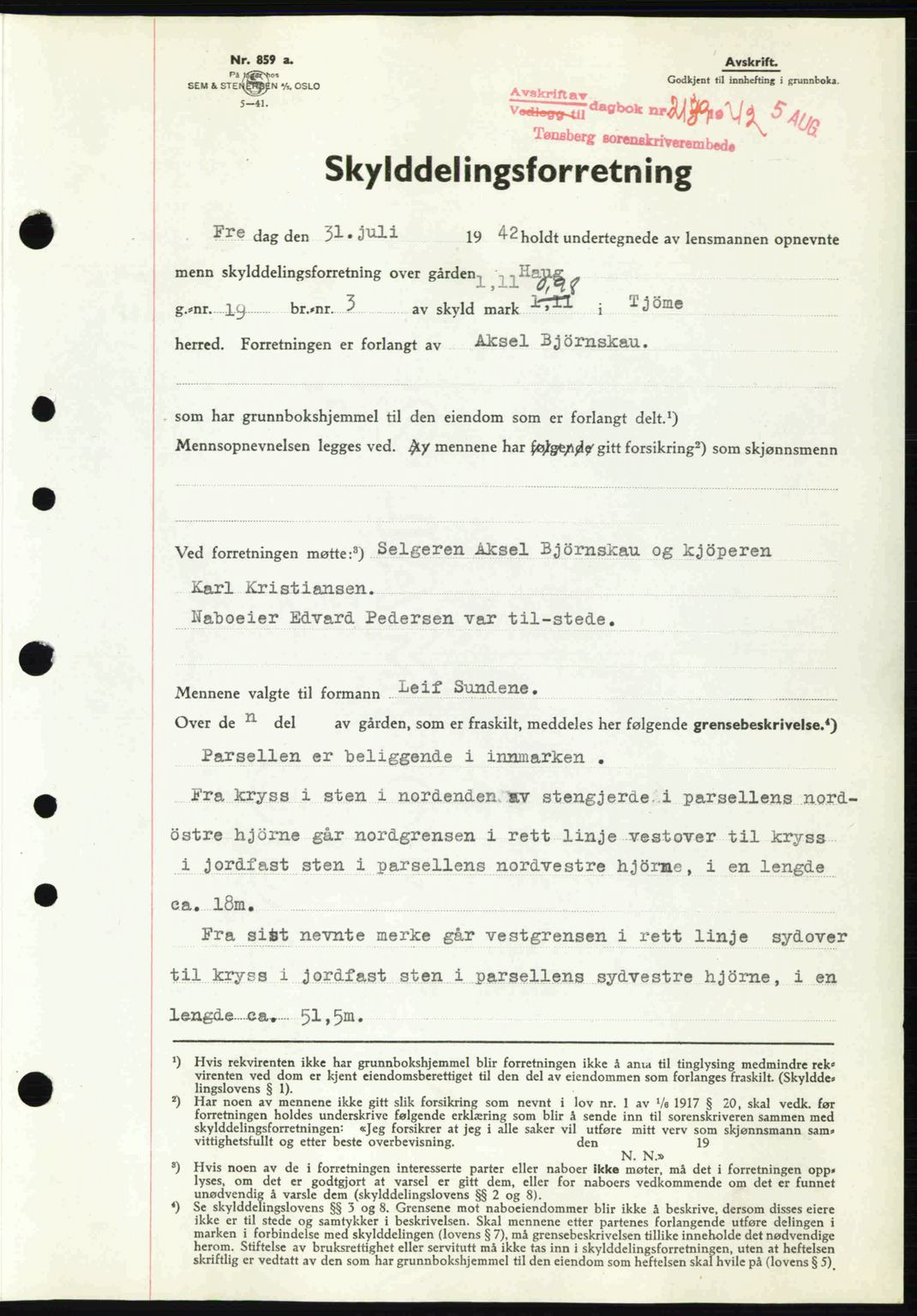 Tønsberg sorenskriveri, AV/SAKO-A-130/G/Ga/Gaa/L0012: Pantebok nr. A12, 1942-1943, Dagboknr: 2139/1942
