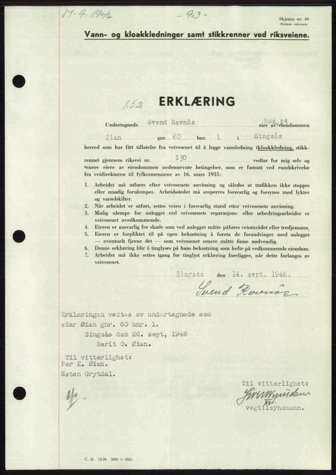 Gauldal sorenskriveri, SAT/A-0014/1/2/2C: Pantebok nr. A2, 1946-1946, Dagboknr: 852/1946