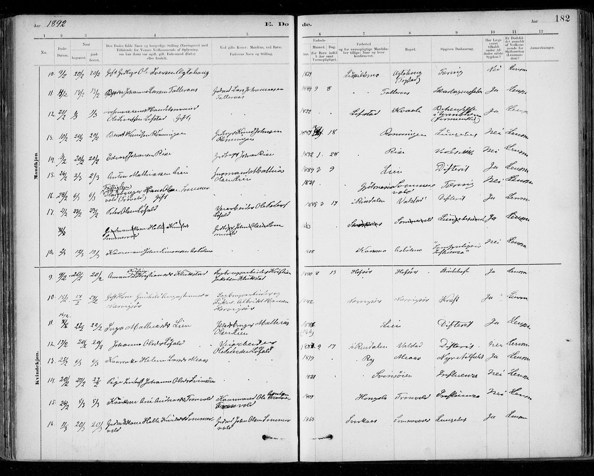 Ministerialprotokoller, klokkerbøker og fødselsregistre - Sør-Trøndelag, SAT/A-1456/668/L0810: Ministerialbok nr. 668A10, 1881-1894, s. 182
