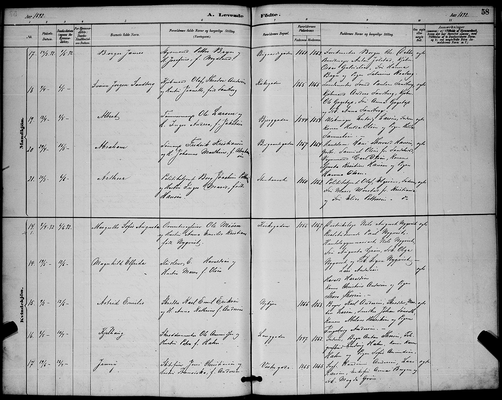 Sandefjord kirkebøker, AV/SAKO-A-315/G/Ga/L0001: Klokkerbok nr. 1, 1885-1903, s. 58