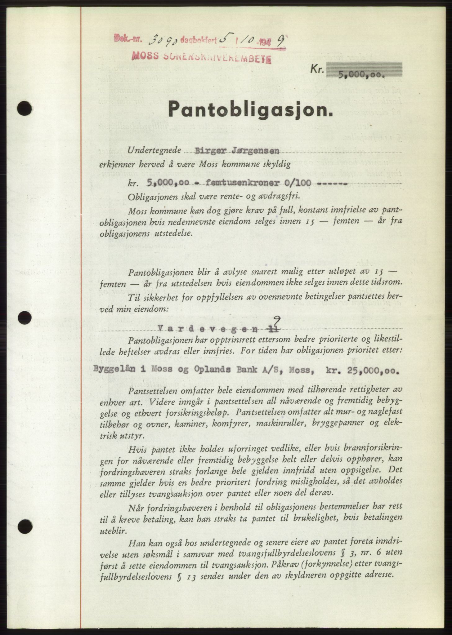 Moss sorenskriveri, SAO/A-10168: Pantebok nr. B22, 1949-1949, Dagboknr: 3090/1949