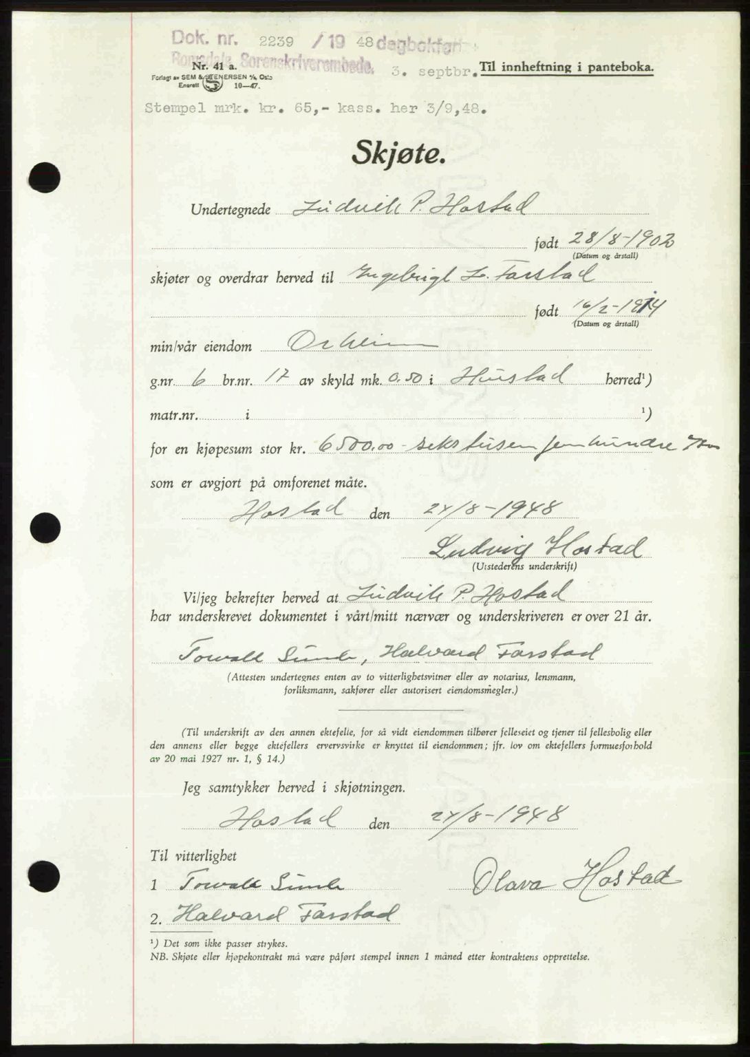 Romsdal sorenskriveri, AV/SAT-A-4149/1/2/2C: Pantebok nr. A27, 1948-1948, Dagboknr: 2239/1948