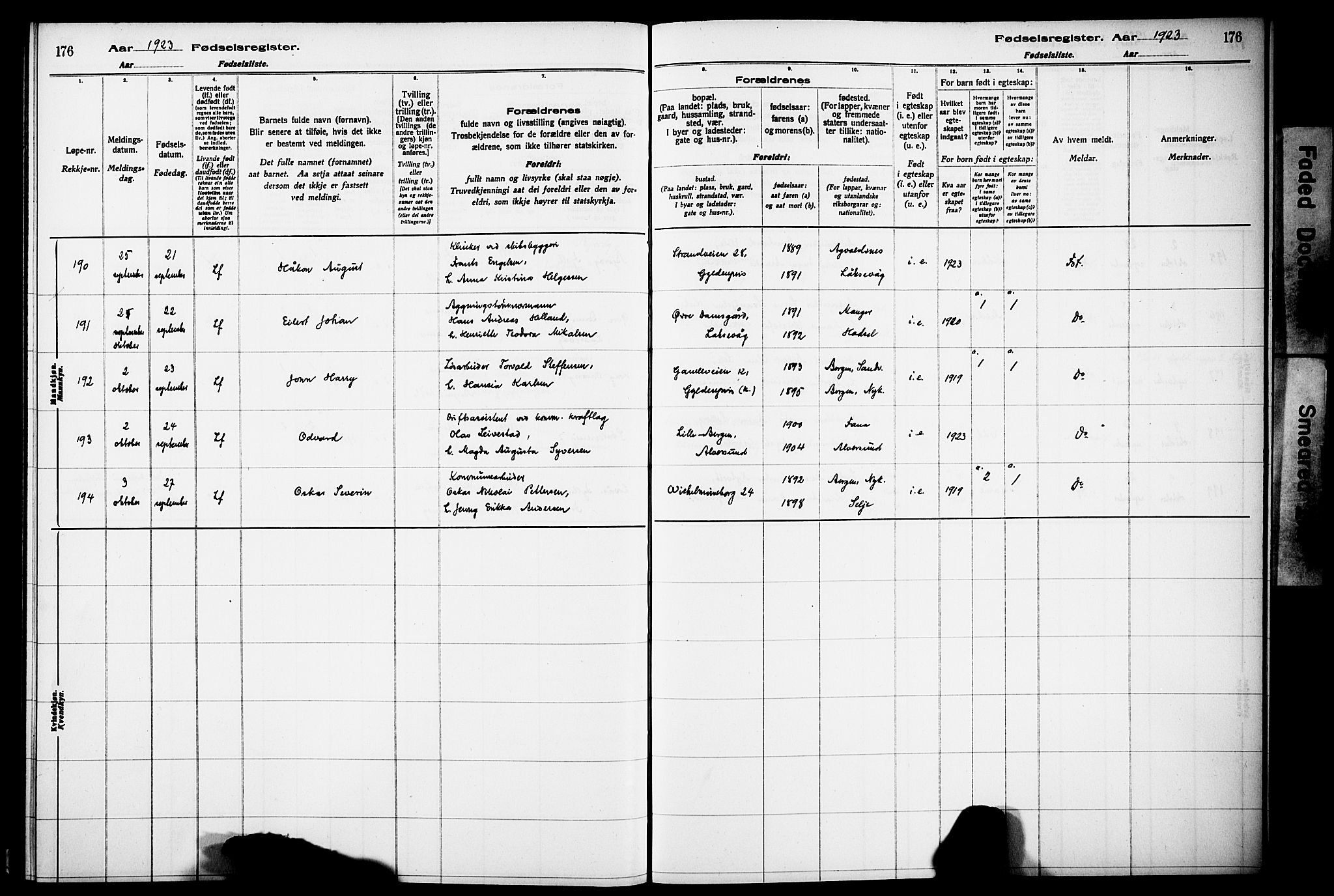 Kvinneklinikken, SAB/A-76301/F/L0A02: Fødselsregister nr. A 2, 1920-1924, s. 176