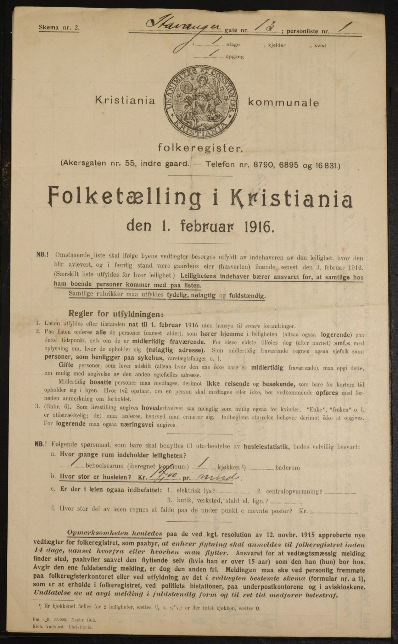 OBA, Kommunal folketelling 1.2.1916 for Kristiania, 1916, s. 103493