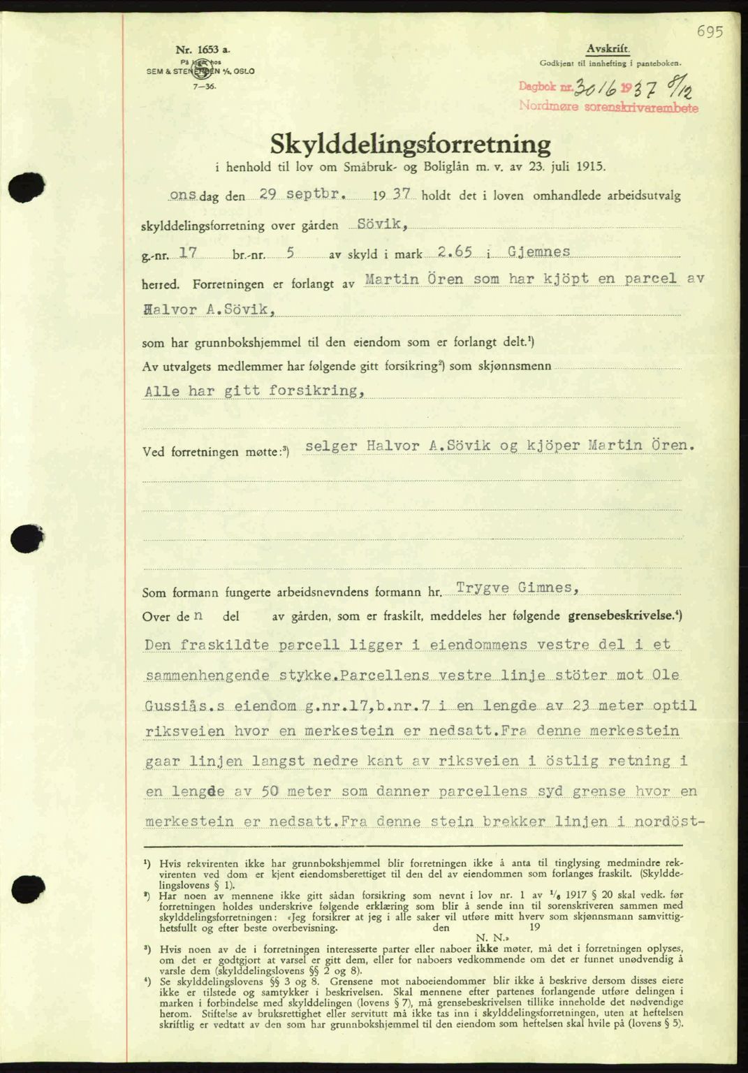 Nordmøre sorenskriveri, SAT/A-4132/1/2/2Ca: Pantebok nr. A82, 1937-1938, Dagboknr: 3016/1937
