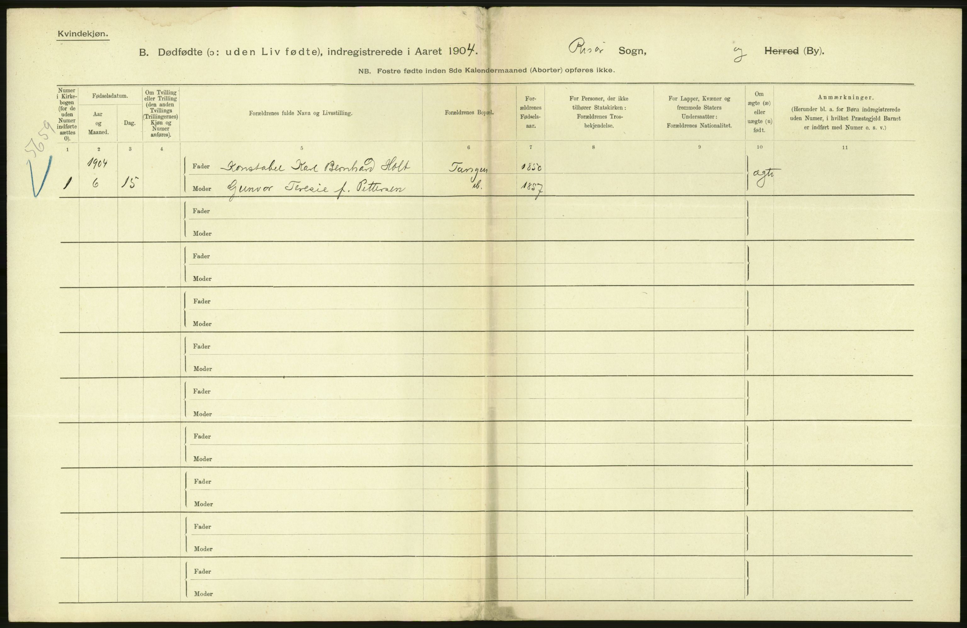 Statistisk sentralbyrå, Sosiodemografiske emner, Befolkning, RA/S-2228/D/Df/Dfa/Dfab/L0027: Smålenes amt - Finnmarkens amt: Dødfødte. Byer, 1904, s. 144