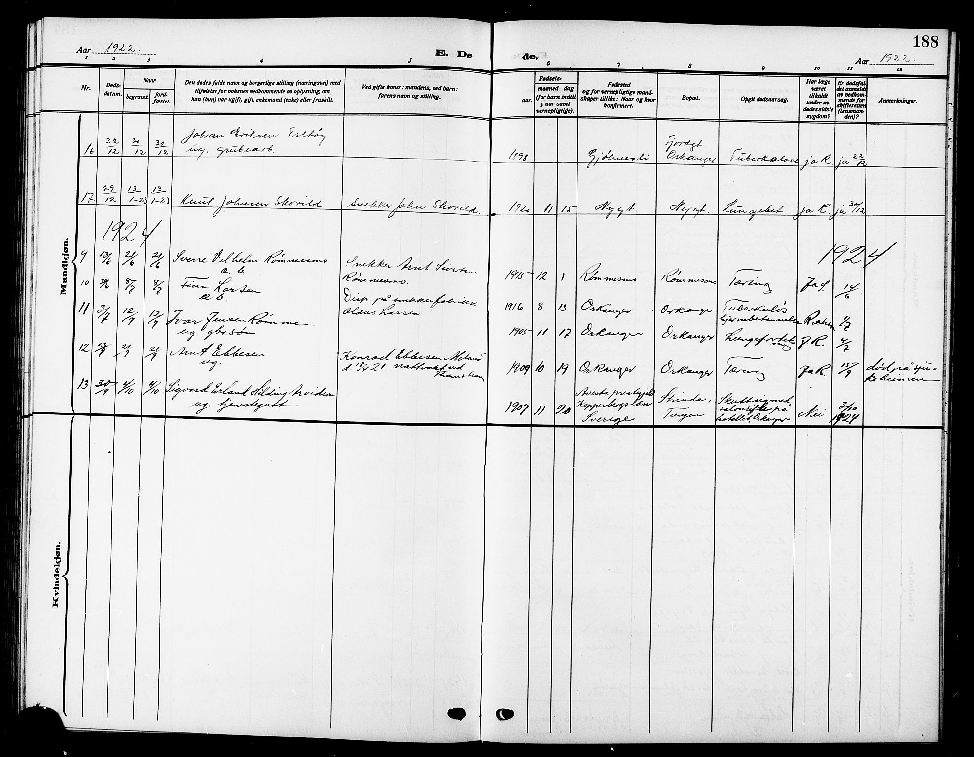 Ministerialprotokoller, klokkerbøker og fødselsregistre - Sør-Trøndelag, AV/SAT-A-1456/669/L0831: Klokkerbok nr. 669C01, 1909-1924, s. 188
