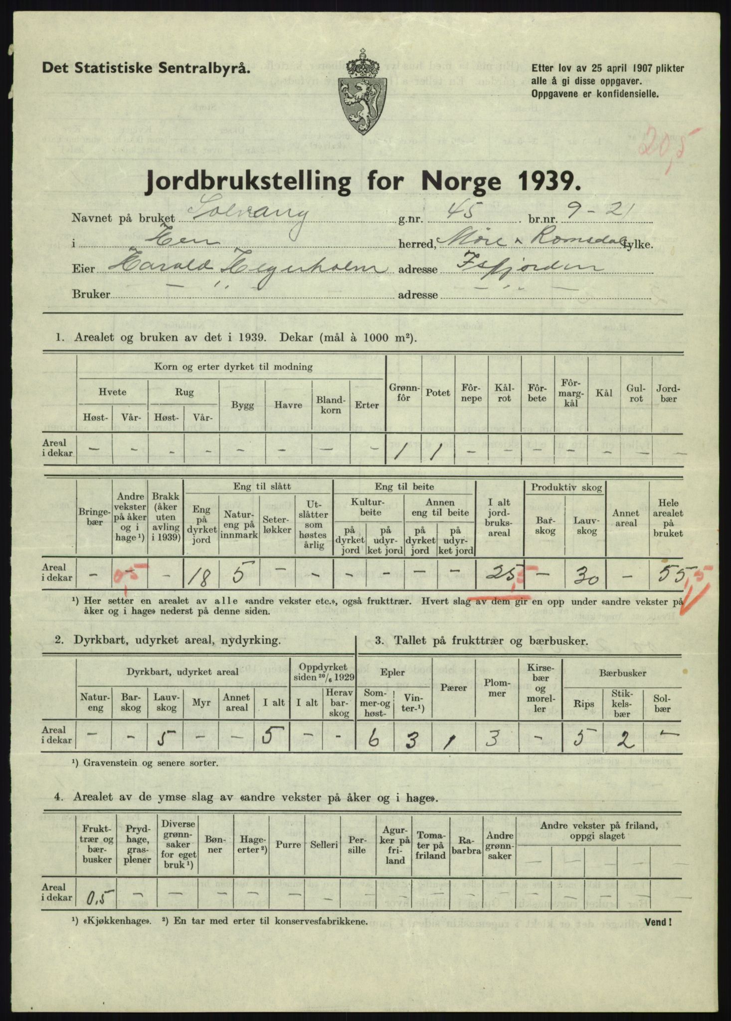 Statistisk sentralbyrå, Næringsøkonomiske emner, Jordbruk, skogbruk, jakt, fiske og fangst, AV/RA-S-2234/G/Gb/L0251: Møre og Romsdal: Voll, Eid, Grytten og Hen, 1939, s. 1171