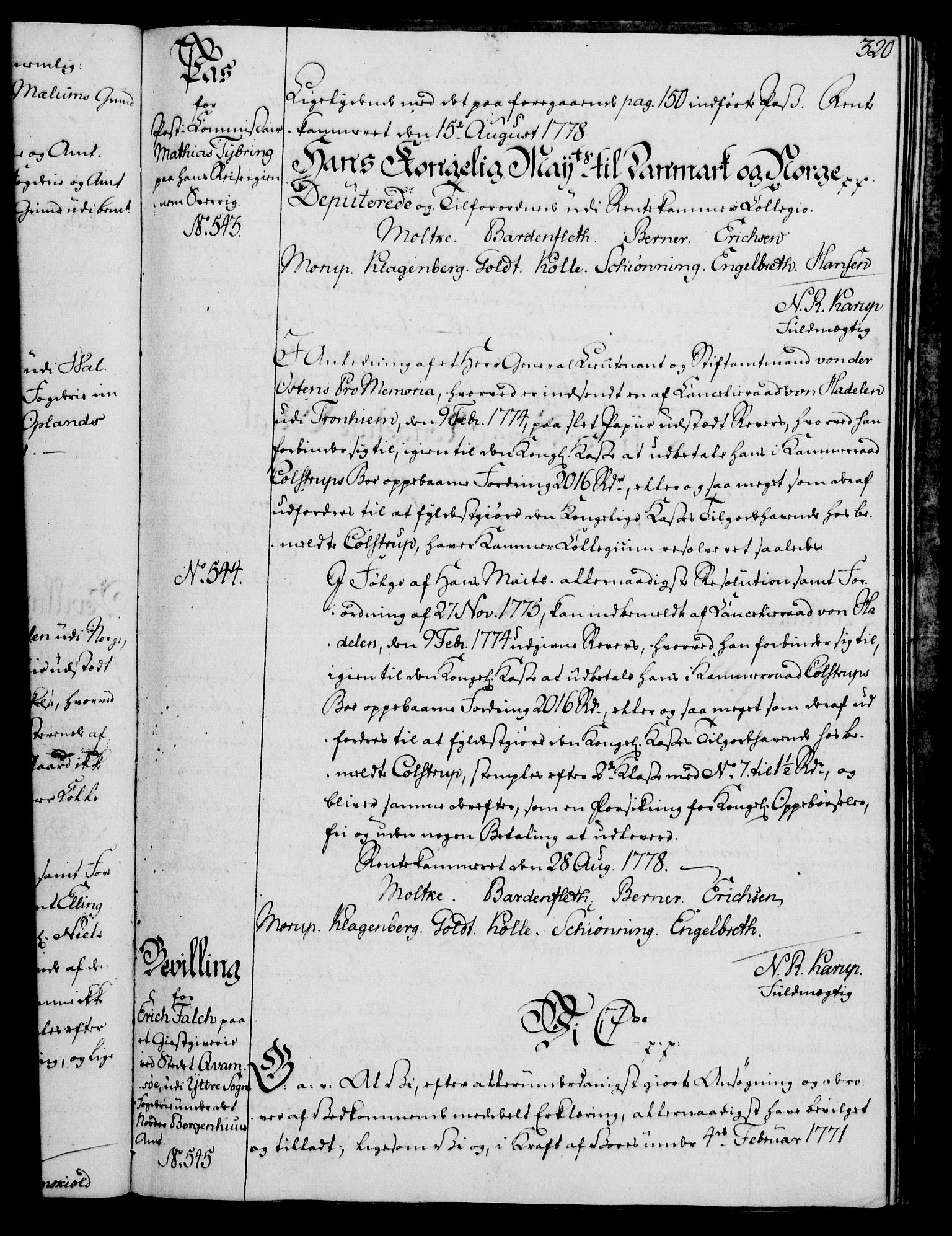 Rentekammeret, Kammerkanselliet, AV/RA-EA-3111/G/Gg/Gga/L0010: Norsk ekspedisjonsprotokoll med register (merket RK 53.10), 1773-1778, s. 320